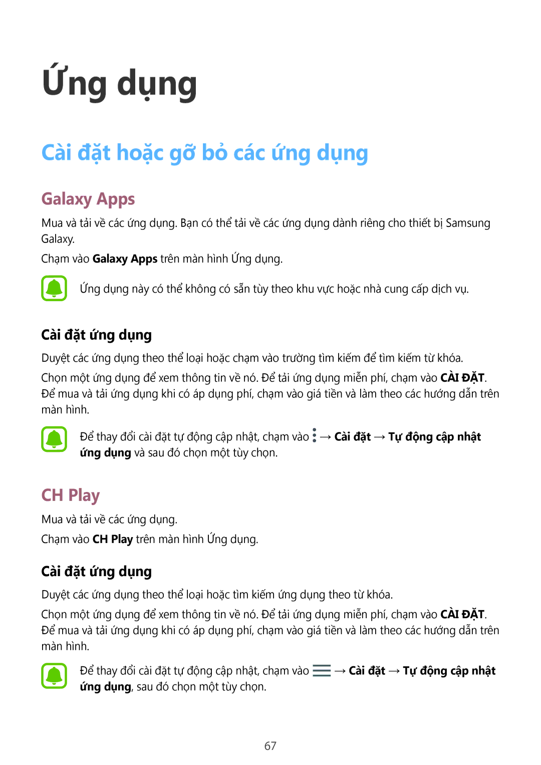 Samsung SM-N920CZWAXXV, CG-N920FZWXVTC manual Cài đặt hoặc gỡ bỏ các ứng dụng, Galaxy Apps, CH Play, Cài đặt ứng dụng 