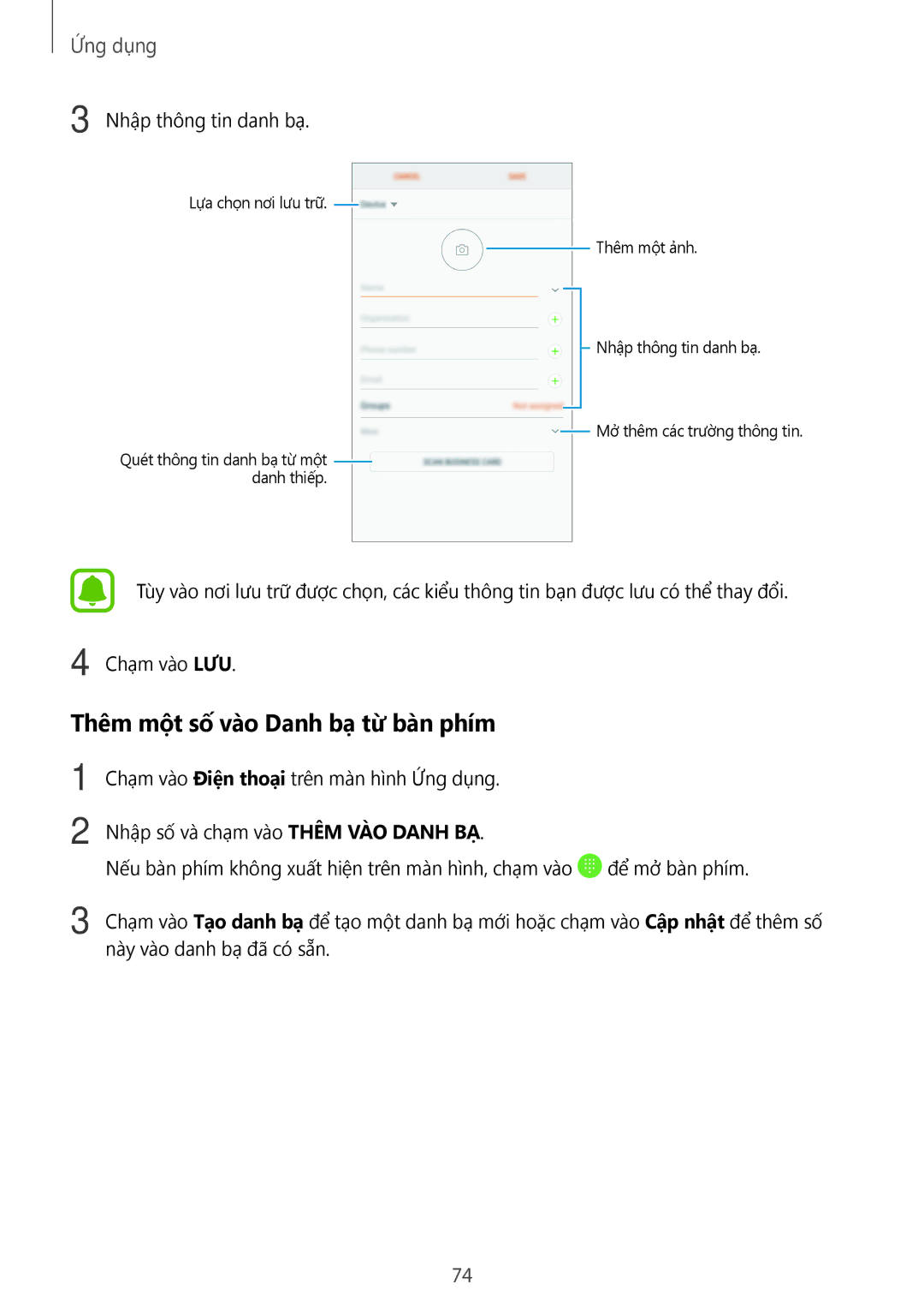 Samsung CG-N920FZWXVTC, SM-N920CZWAXXV manual Thêm một số vào Danh bạ từ bàn phím, Nhập thông tin danh bạ 