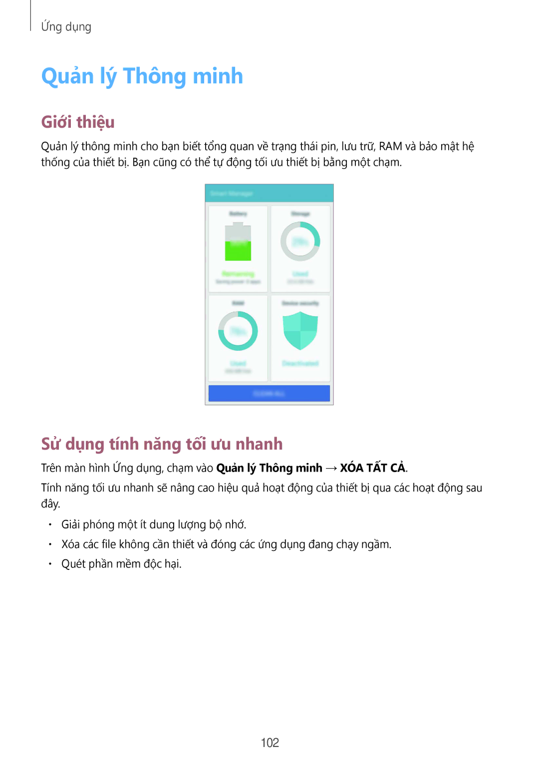 Samsung CG-N920FZWXVTC, SM-N920CZWAXXV manual Quản lý Thông minh, Sử dụng tính năng tối ưu nhanh, 102 