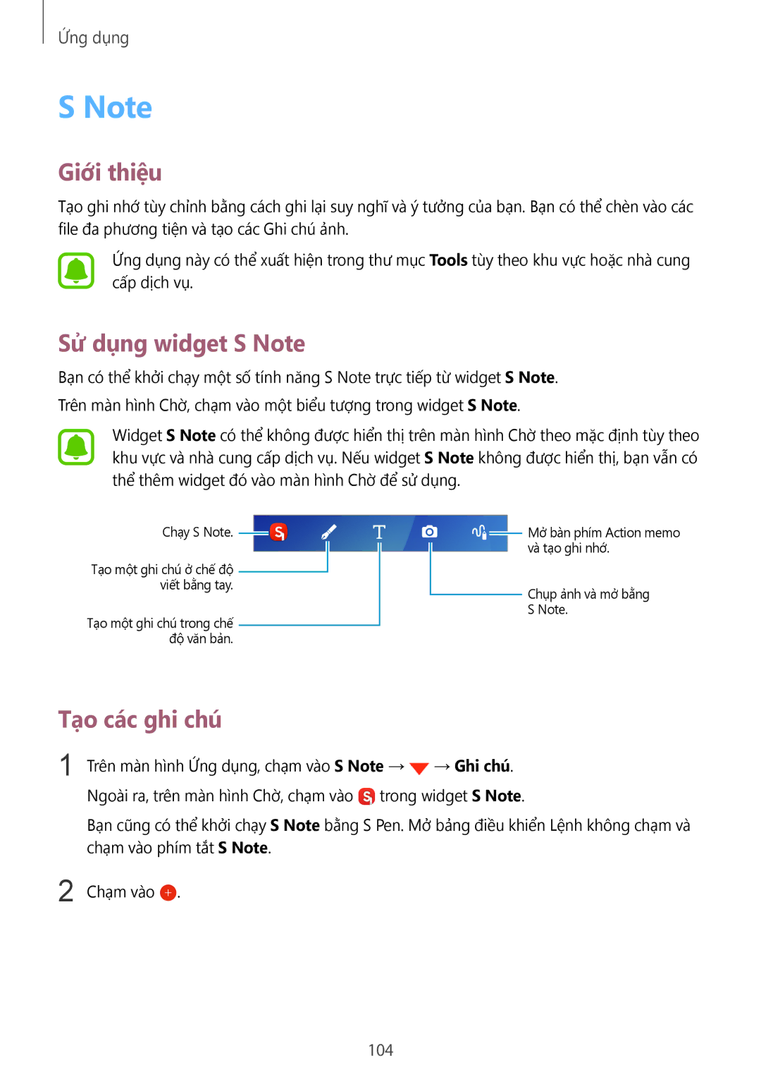 Samsung CG-N920FZWXVTC, SM-N920CZWAXXV manual Giới thiệ̣u, Sử dụng widget S Note, Tạ̣o các ghi chú, 104 