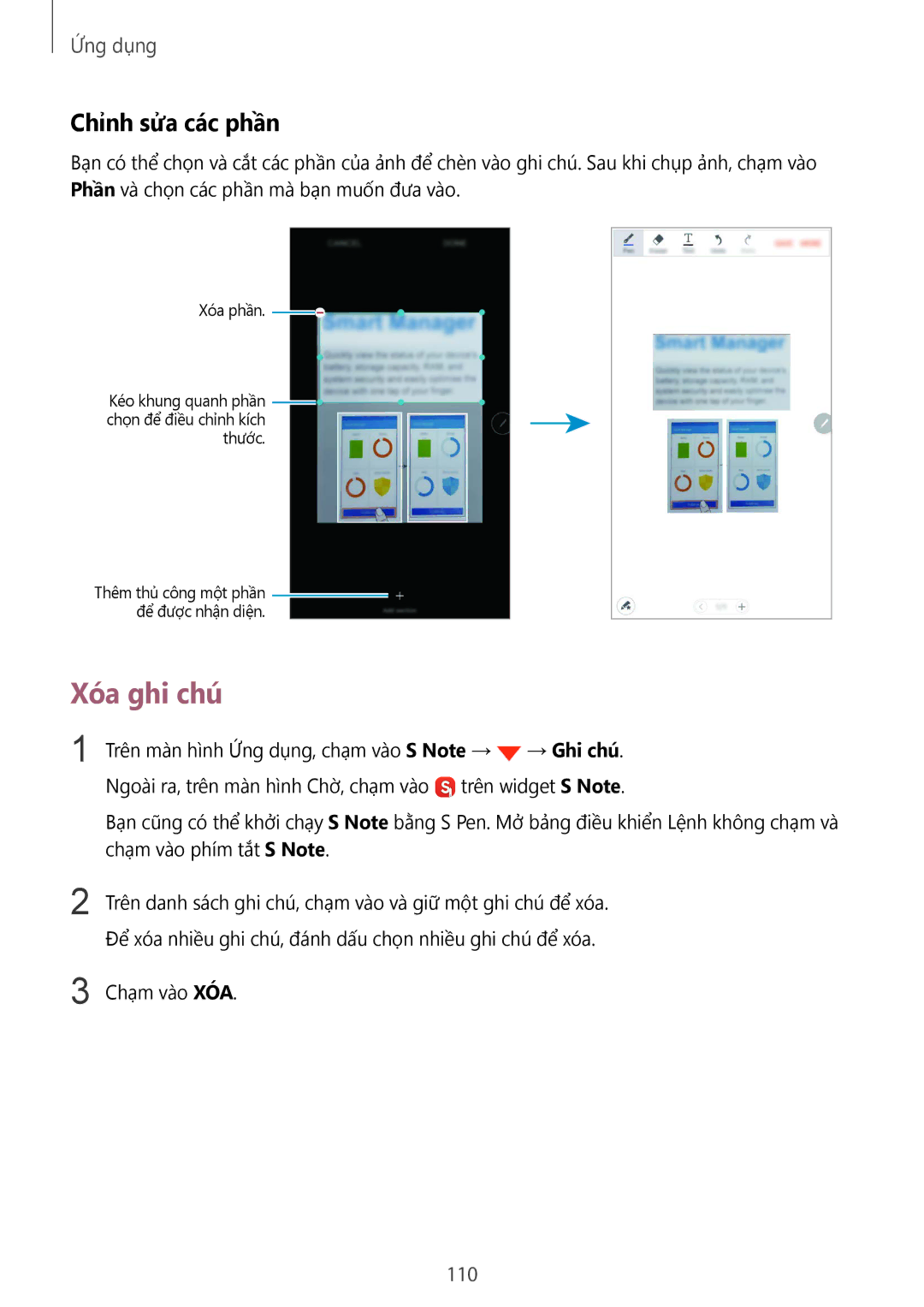 Samsung CG-N920FZWXVTC, SM-N920CZWAXXV manual Xóa ghi chú, Chỉnh sửa các phần, 110 