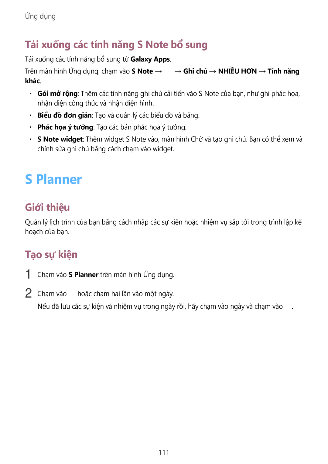 Samsung SM-N920CZWAXXV, CG-N920FZWXVTC manual Planner, Tải xuống các tính năng S Note bổ sung, Tạo sự kiện, 111 