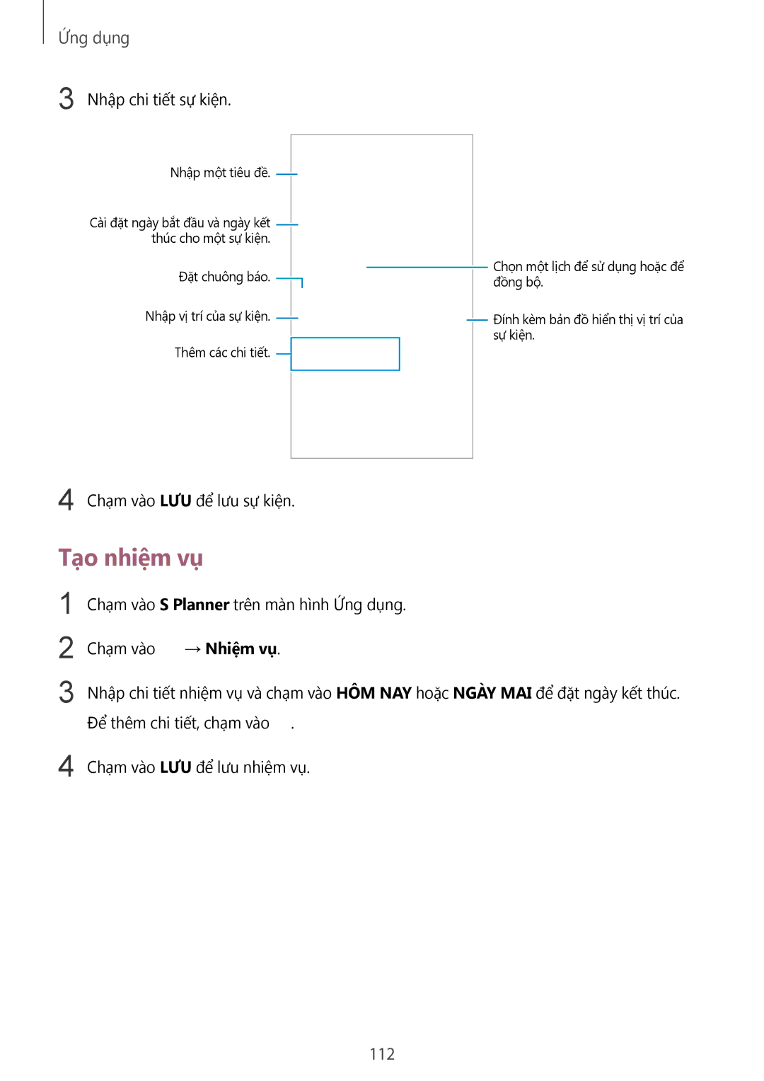 Samsung CG-N920FZWXVTC, SM-N920CZWAXXV manual Tạo nhiệm vụ, 112 