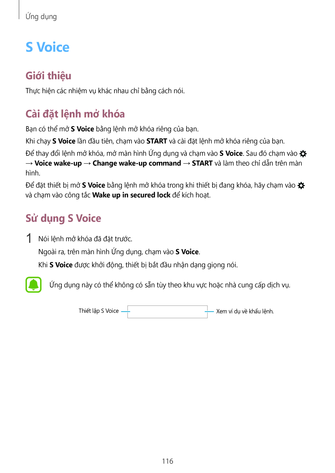 Samsung CG-N920FZWXVTC, SM-N920CZWAXXV manual Cài đặt lệnh mở khóa, Sử dụng S Voice, 116 