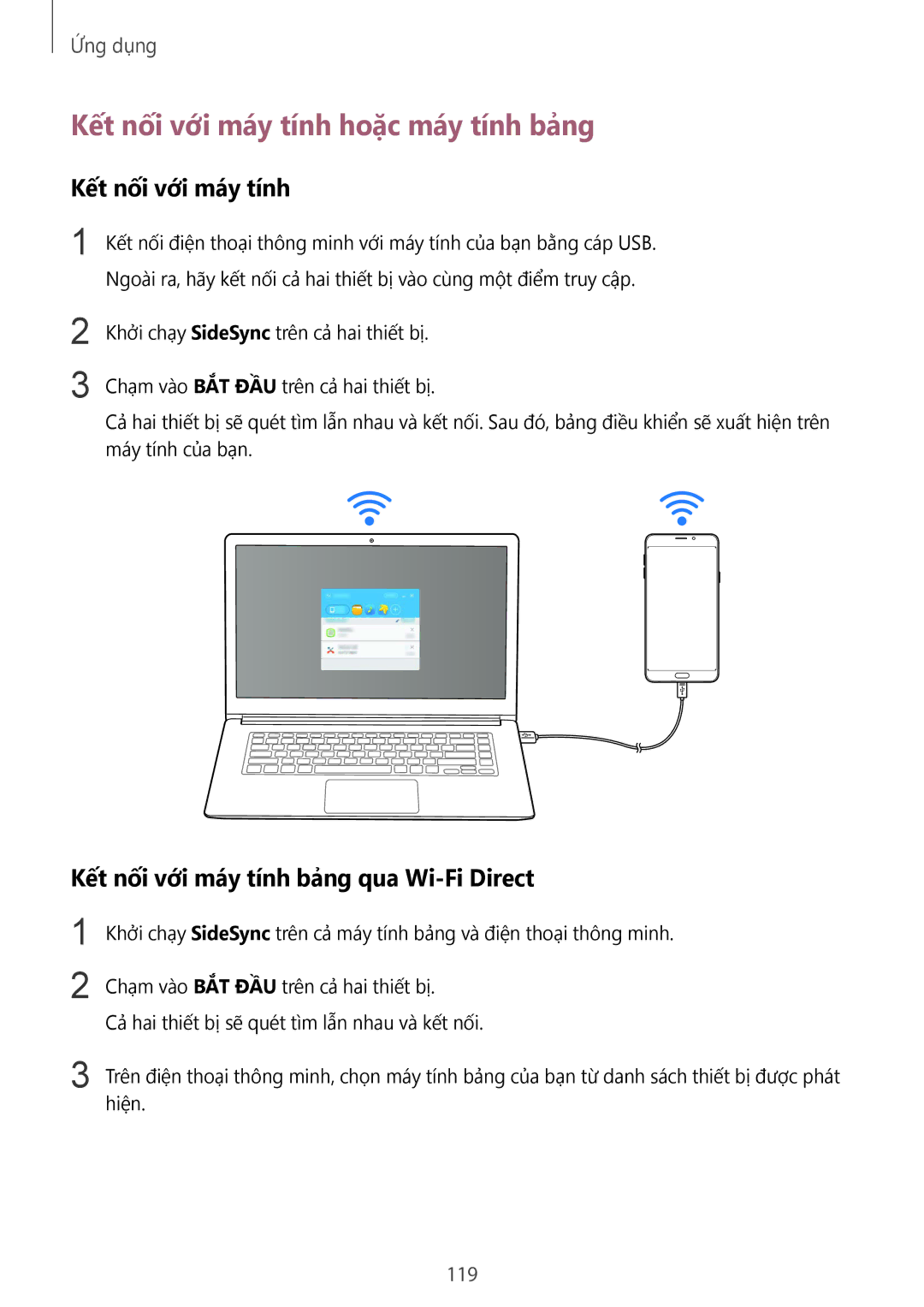 Samsung SM-N920CZWAXXV manual Kết nối với máy tính hoặc máy tính bảng, Kết nối với máy tính bảng qua Wi-Fi Direct, 119 
