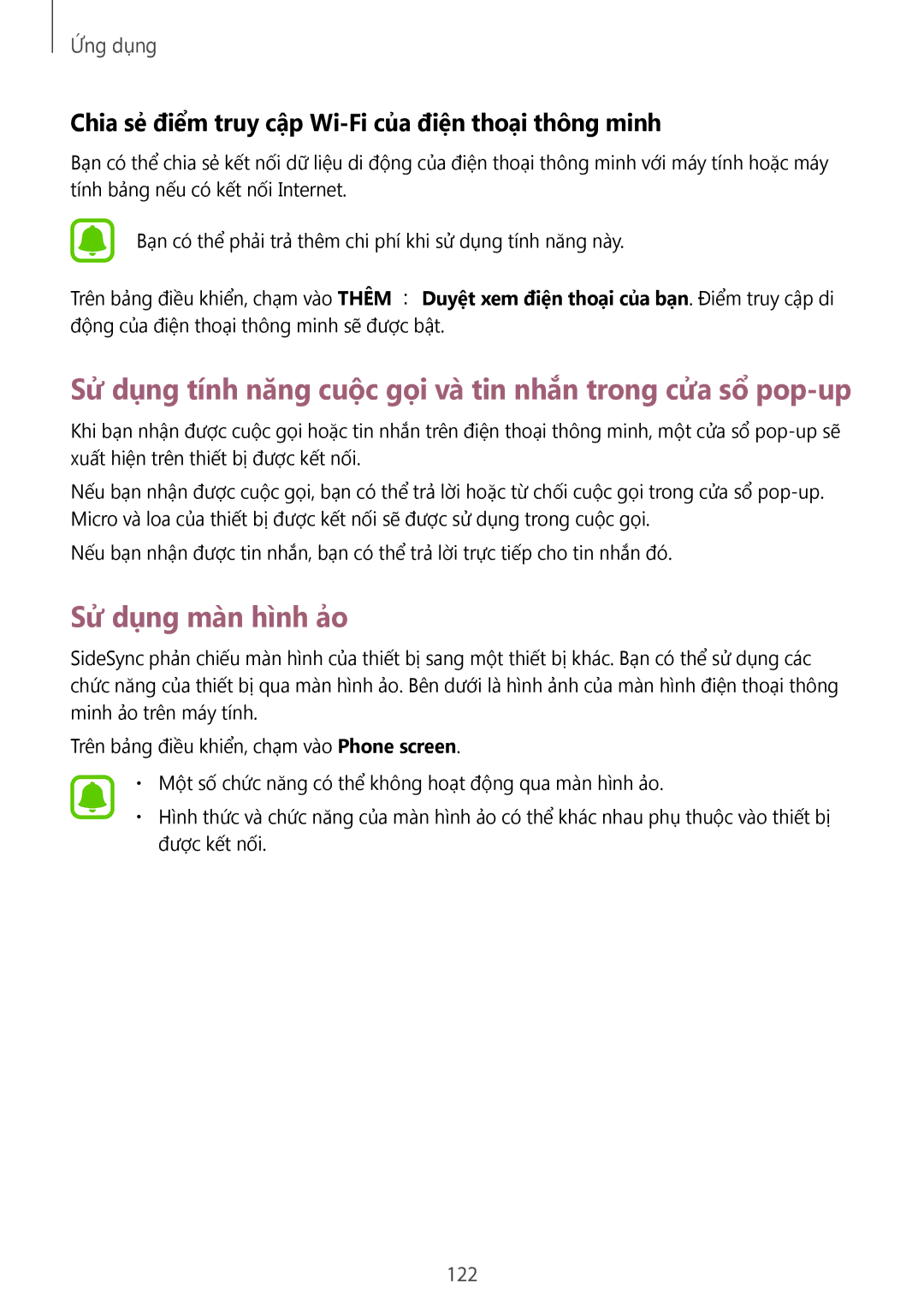 Samsung CG-N920FZWXVTC manual Sử dụng tính năng cuộc gọi và tin nhắn trong cửa sổ pop-up, Sử dụng màn hình ảo, 122 