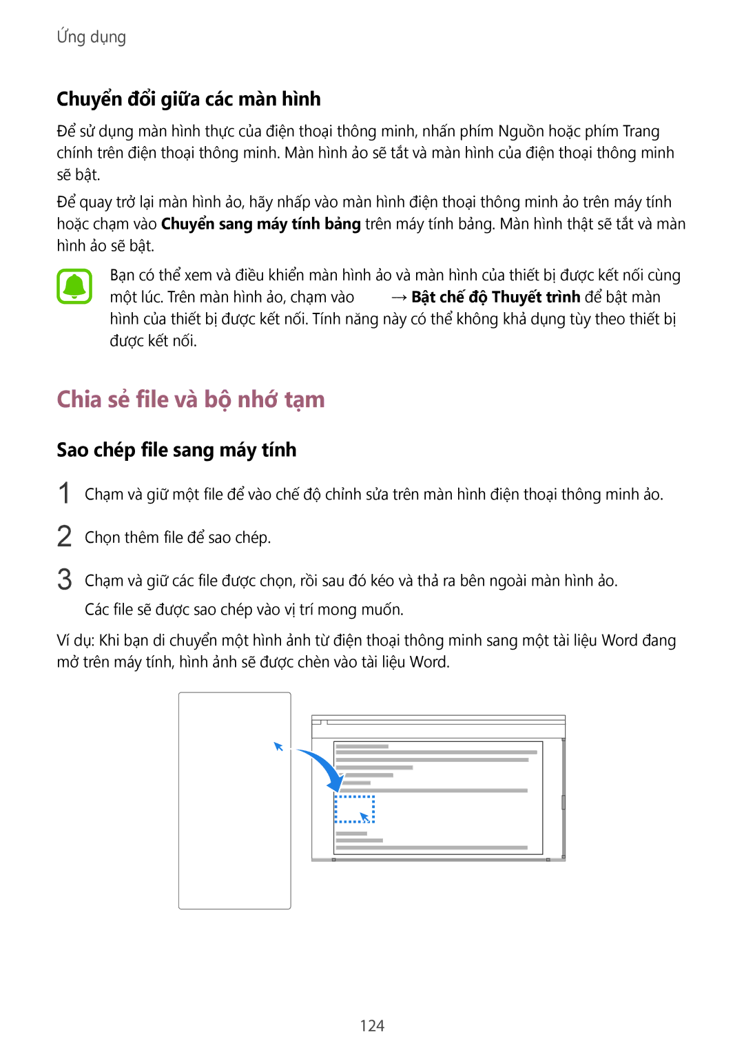 Samsung CG-N920FZWXVTC manual Chia sẻ file và bộ nhớ tạm, Chuyển đổi giữa các màn hình, Sao chép file sang máy tính, 124 