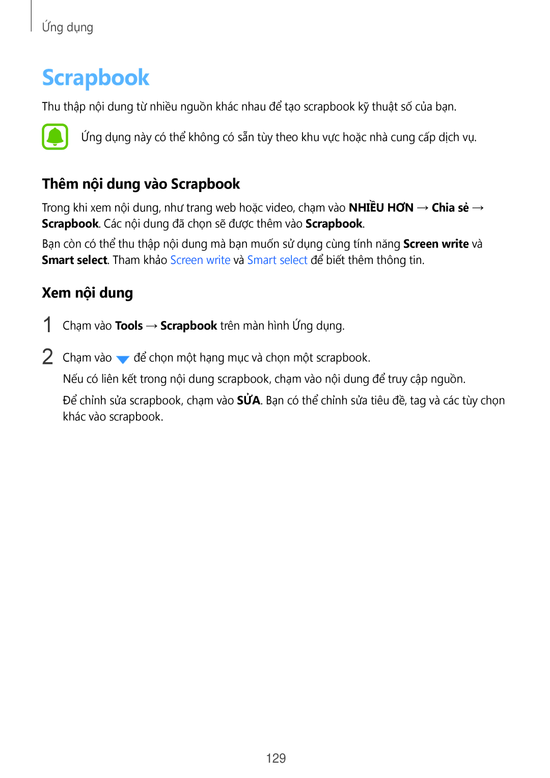 Samsung SM-N920CZWAXXV, CG-N920FZWXVTC manual Thêm nội dung vào Scrapbook, Xem nội dung, 129 