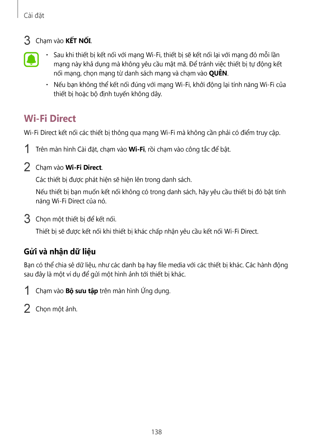 Samsung CG-N920FZWXVTC, SM-N920CZWAXXV manual Gửi và nhận dữ liệu, 138, Chạm vào Wi-Fi Direct 