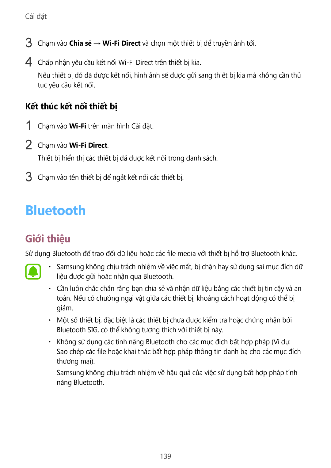 Samsung SM-N920CZWAXXV, CG-N920FZWXVTC manual Bluetooth, Kết thúc kết nối thiết bị, 139 