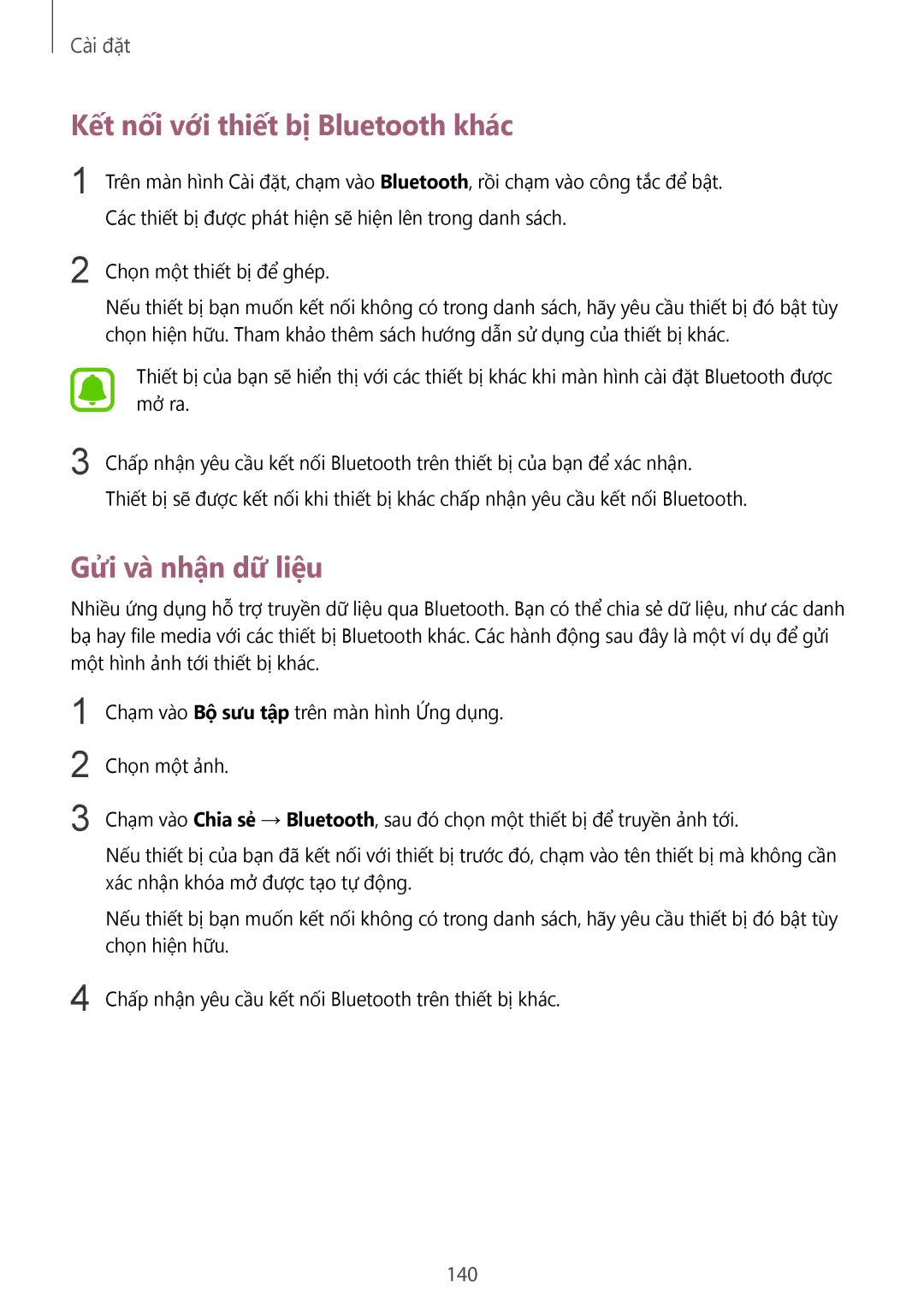 Samsung CG-N920FZWXVTC, SM-N920CZWAXXV manual Kết nối với thiết bị Bluetooth khác, Gửi và nhận dữ liệu, 140 