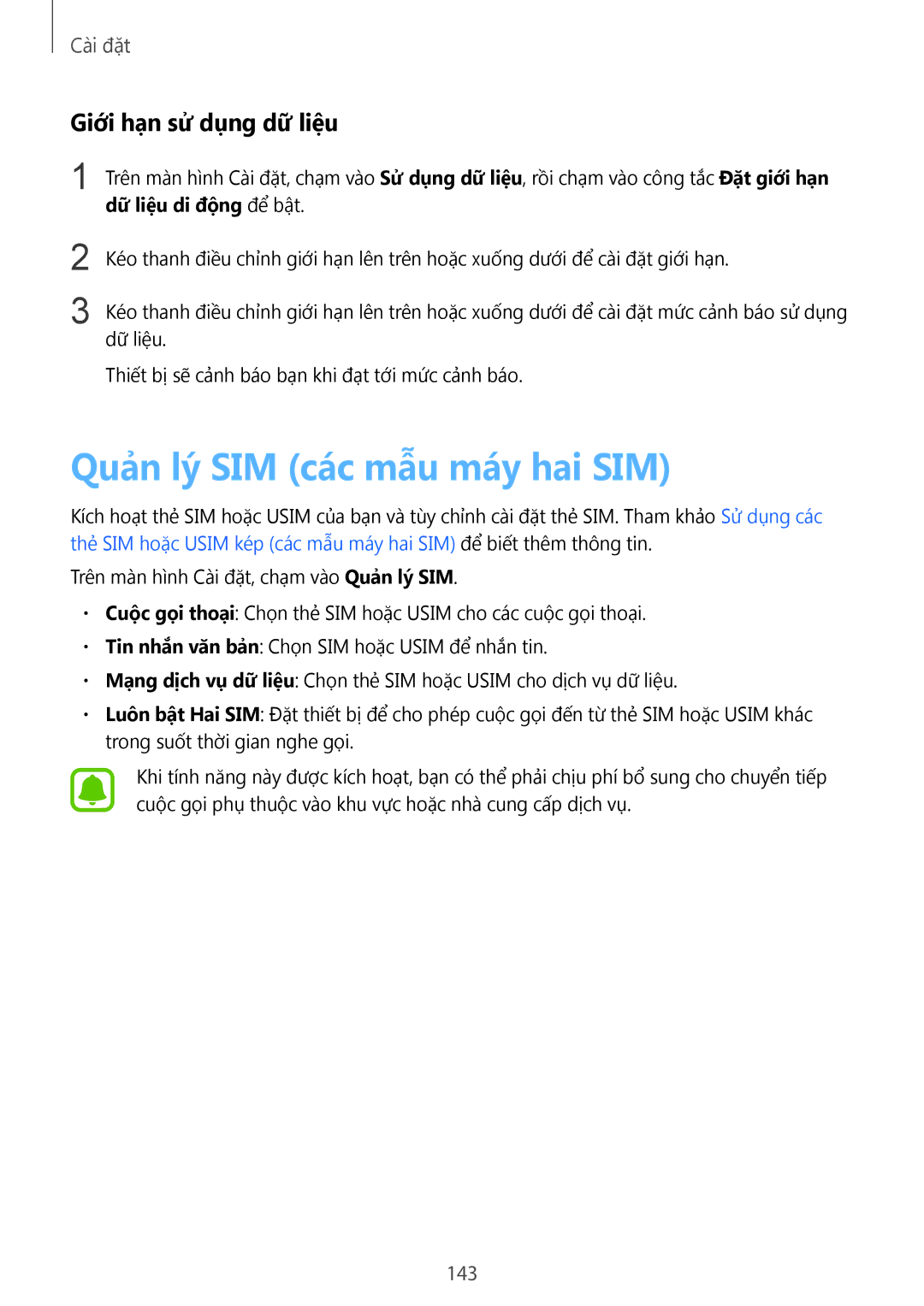 Samsung SM-N920CZWAXXV, CG-N920FZWXVTC manual Quản lý SIM các mẫu máy hai SIM, Giới hạn sử dụng dữ liệu, 143 