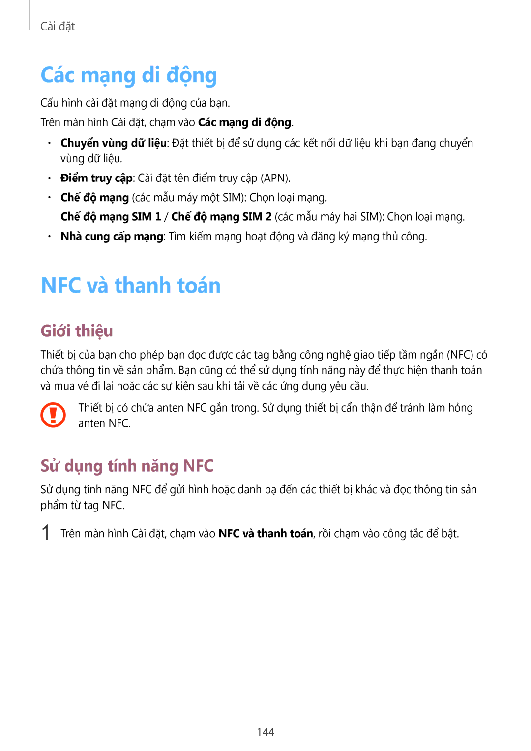 Samsung CG-N920FZWXVTC, SM-N920CZWAXXV manual Các mạng di động, NFC và thanh toán, Sử dụng tính năng NFC, 144 