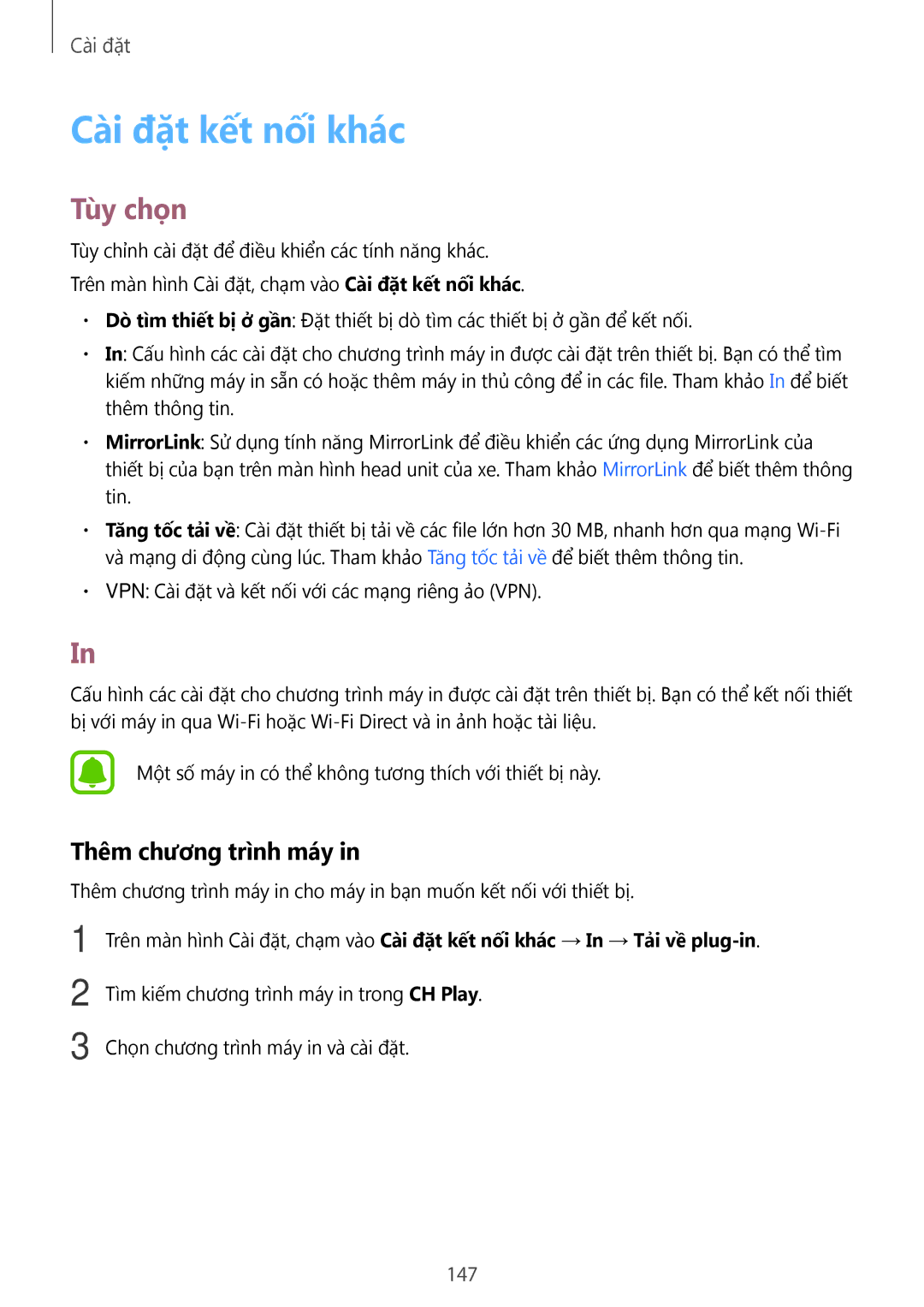 Samsung SM-N920CZWAXXV, CG-N920FZWXVTC manual Cai đăt kêt nôi khac, Tùy chọn, Thêm chương trình máy, 147 