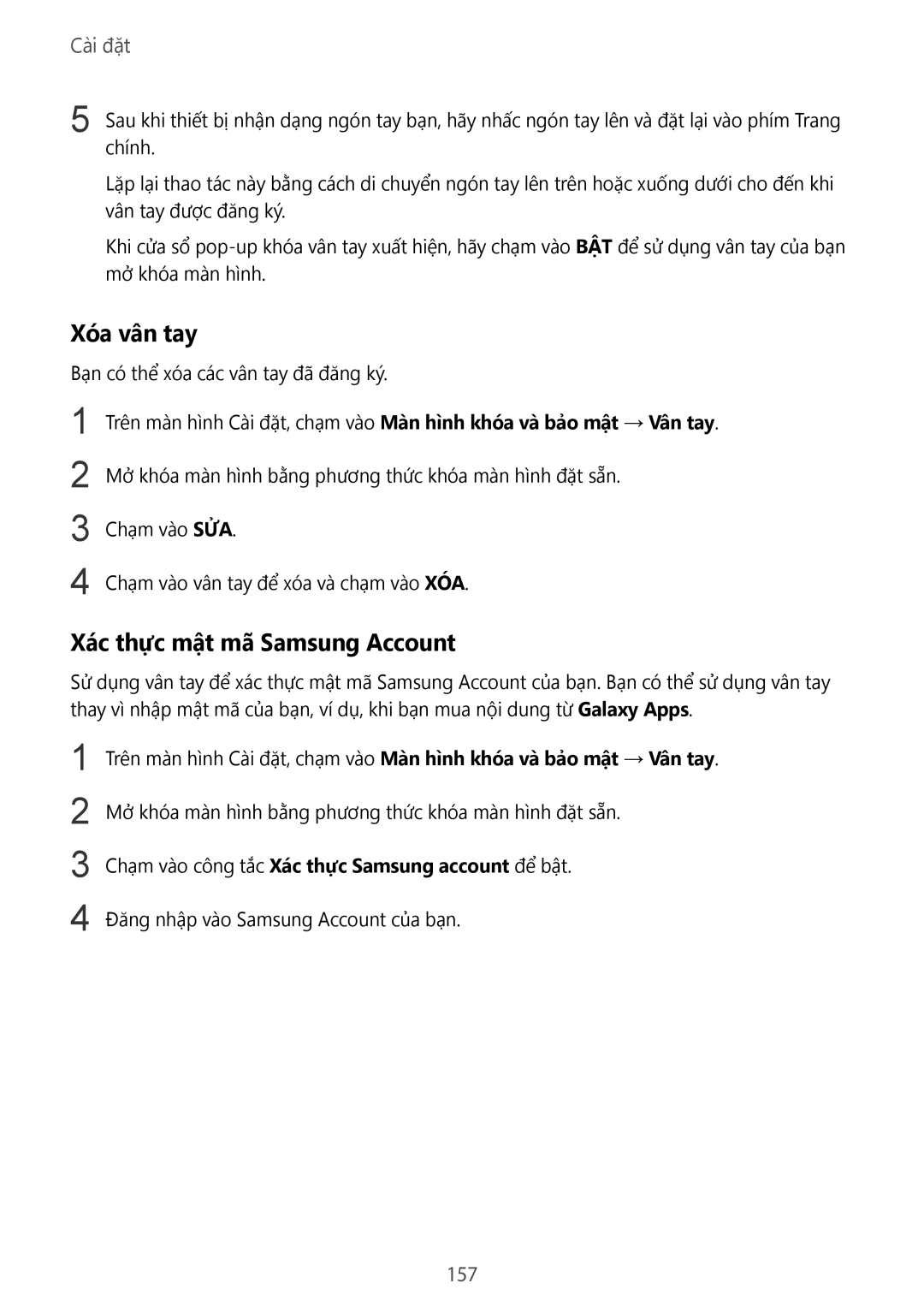 Samsung SM-N920CZWAXXV, CG-N920FZWXVTC manual Xóa vân tay, Xác thực mật mã Samsung Account, 157 