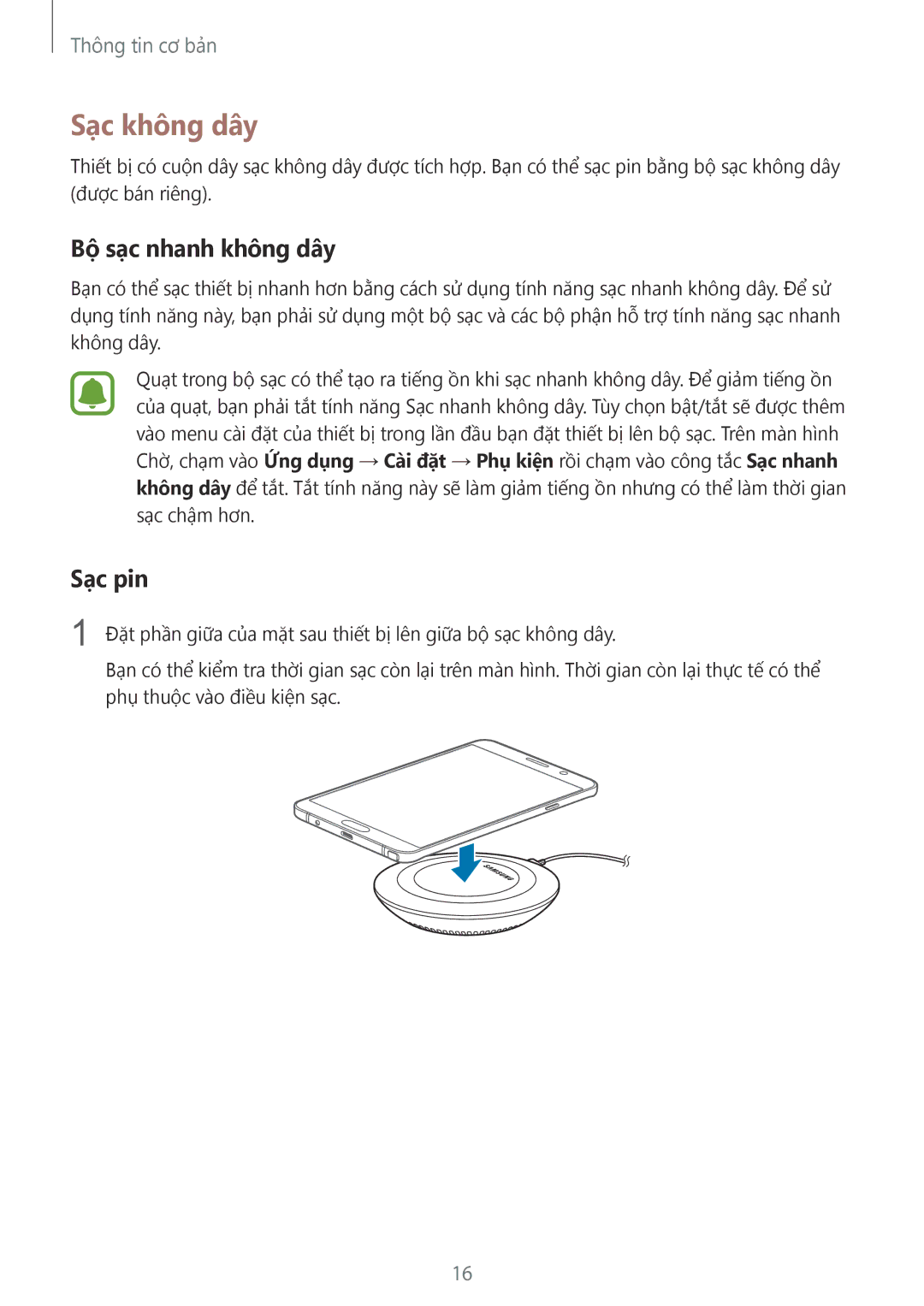 Samsung CG-N920FZWXVTC, SM-N920CZWAXXV manual Sạc không dây, Bộ sạc nhanh không dây, Sạc pin 