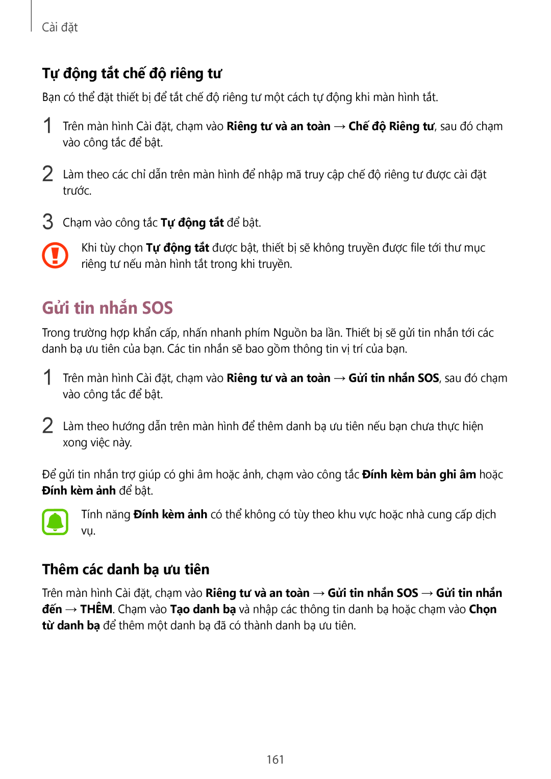 Samsung SM-N920CZWAXXV, CG-N920FZWXVTC manual Gửi tin nhắn SOS, Tự động tắt chế độ riêng tư, Thêm các danh bạ ưu tiên, 161 