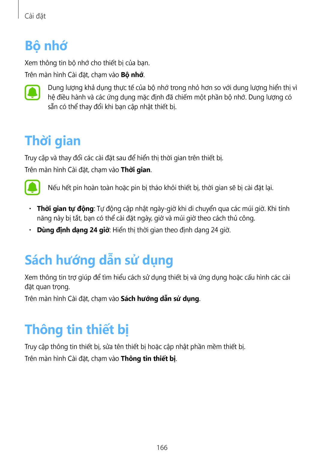 Samsung CG-N920FZWXVTC, SM-N920CZWAXXV manual Bộ nhớ, Thời gian, Sách hướng dẫn sử dụng, Thông tin thiết bị, 166 