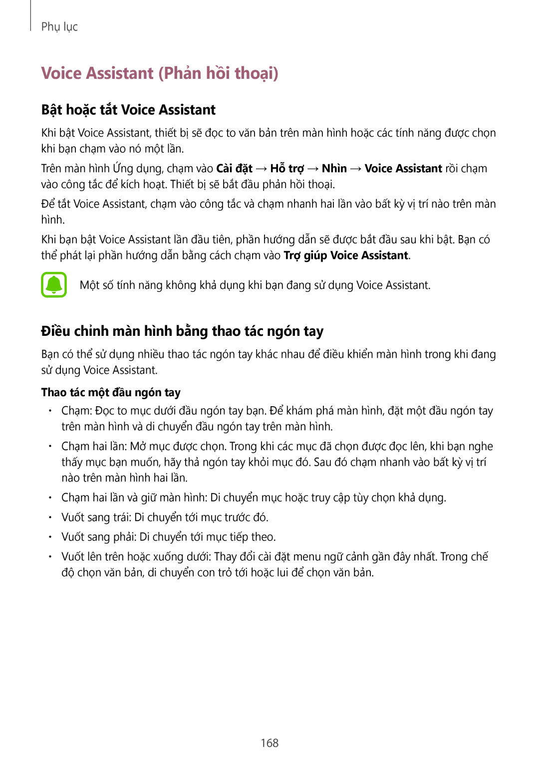 Samsung CG-N920FZWXVTC manual Voice Assistant Phản hồi thoại, Bật hoặc tắt Voice Assistant, 168, Thao tác một đầu ngón tay 