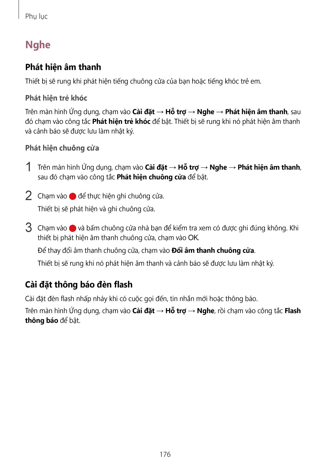 Samsung CG-N920FZWXVTC, SM-N920CZWAXXV manual Nghe, Phat hiên âm thanh, Cài đặt thông báo đèn flash, 176 