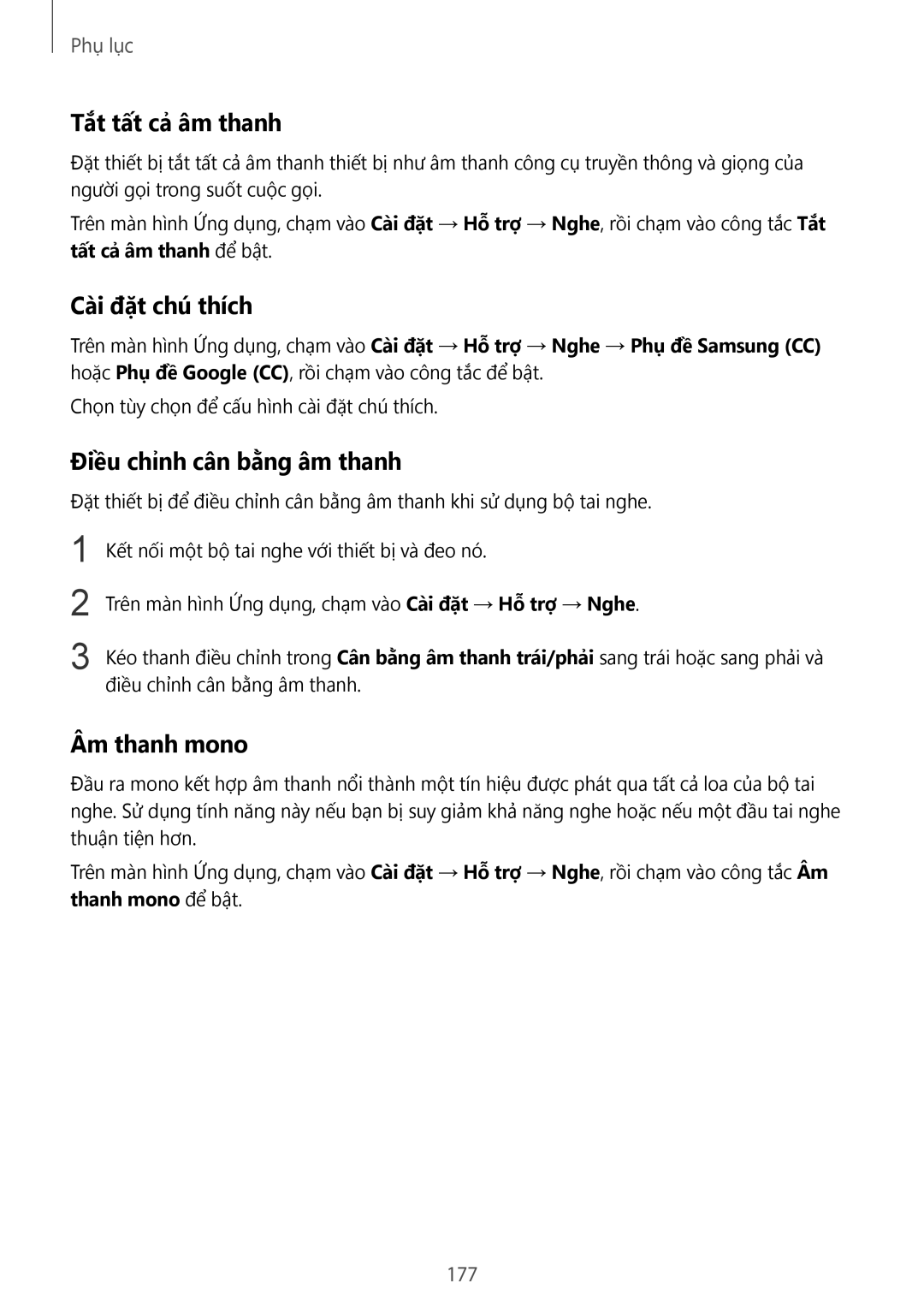 Samsung SM-N920CZWAXXV manual Tắt tất cả âm thanh, Cài đặt chú thích, Điều chỉnh cân bằng âm thanh, Âm thanh mono, 177 