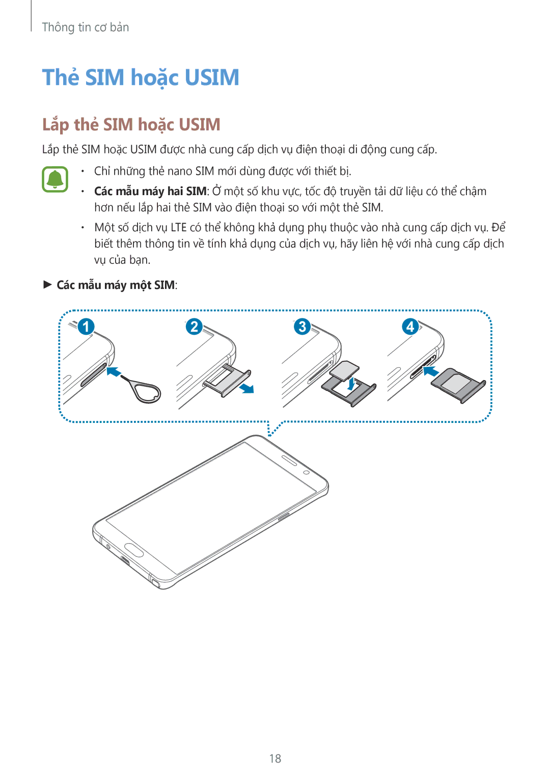 Samsung CG-N920FZWXVTC, SM-N920CZWAXXV manual Thẻ SIM hoặc Usim, Lắp thẻ SIM hoặc Usim, Các mẫu máy một SIM 