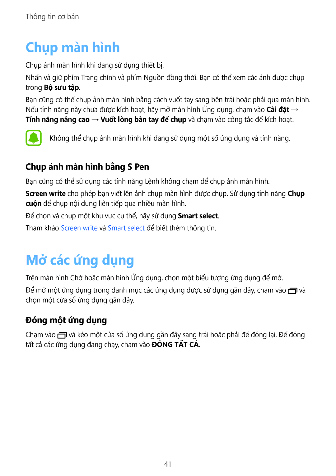 Samsung SM-N920CZWAXXV, CG-N920FZWXVTC Chụp màn hình, Mở các ứng dụng, Chụp ảnh màn hình bằng S Pen, Đóng một ứng dụng 
