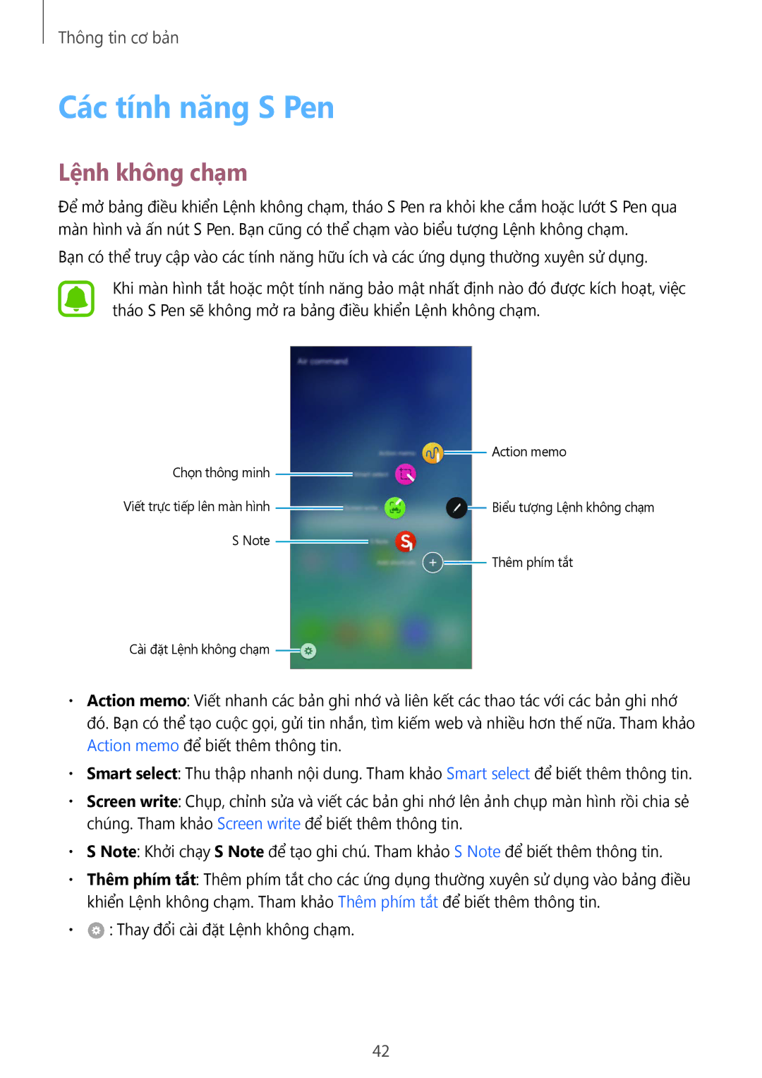 Samsung CG-N920FZWXVTC, SM-N920CZWAXXV manual Các tính năng S Pen, Lệnh không chạm 