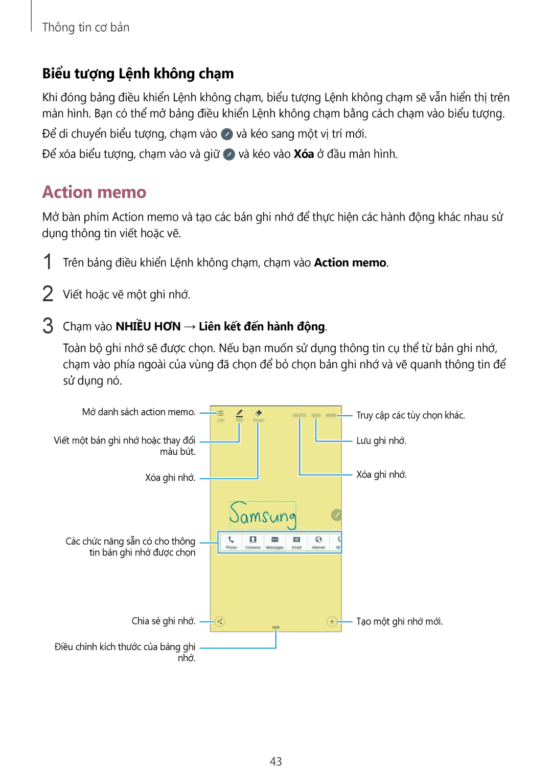 Samsung SM-N920CZWAXXV manual Action memo, Biểu tượng Lệnh không chạm, Chạm vào NHIỀU HƠN → Liên kết đên hanh đông 