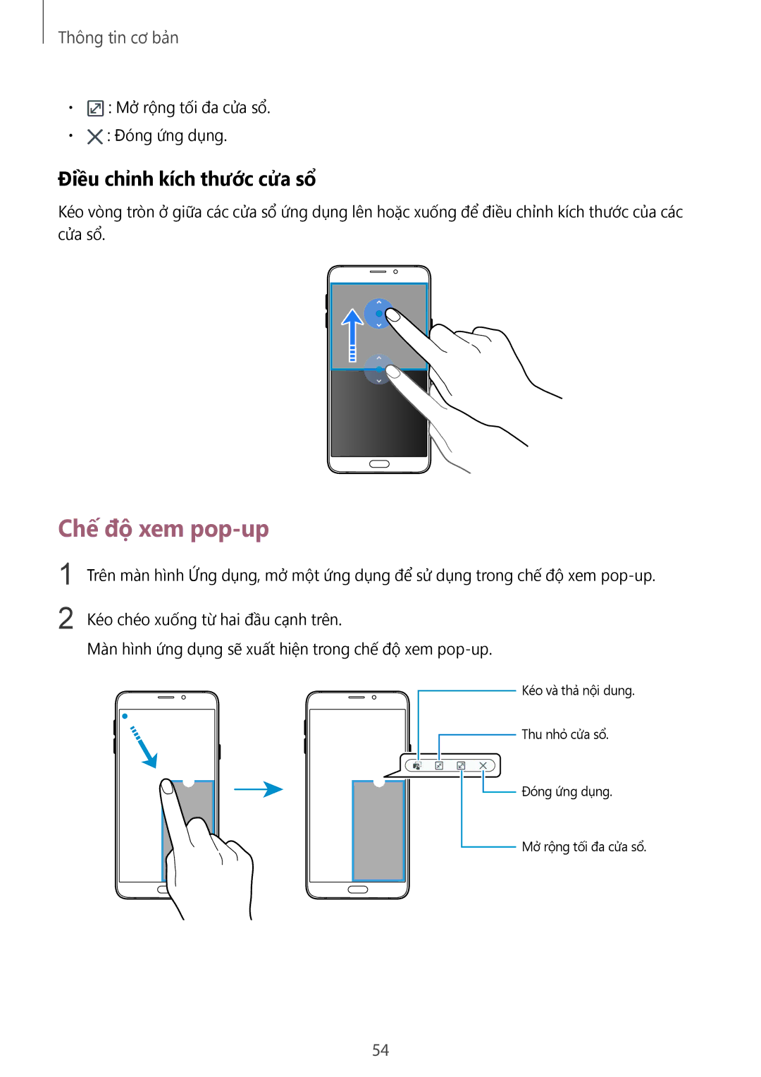 Samsung CG-N920FZWXVTC, SM-N920CZWAXXV manual Chế độ xem pop-up, Điều chỉnh kích thước cửa sổ 