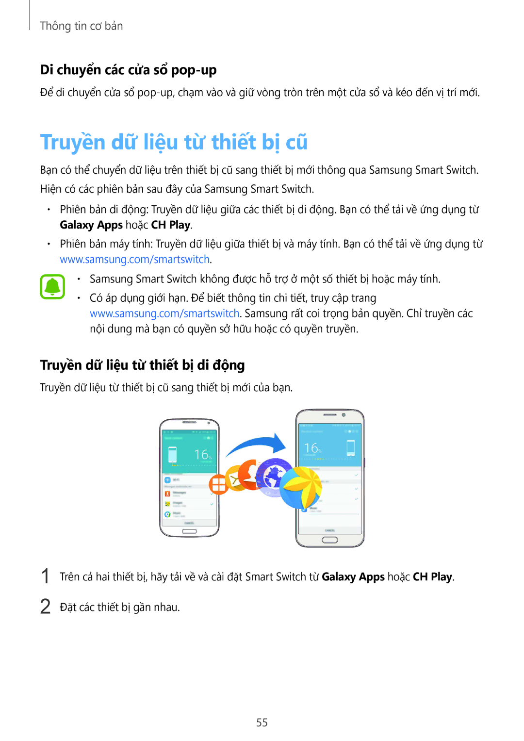 Samsung SM-N920CZWAXXV Truyền dữ liệu từ thiết bị cũ, Di chuyển các cửa sổ pop-up, Truyền dữ liệu từ thiết bị di động 