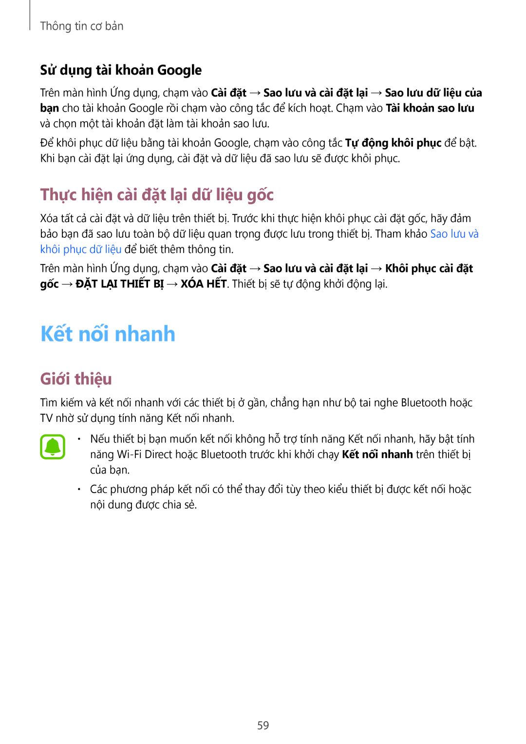 Samsung SM-N920CZWAXXV, CG-N920FZWXVTC manual Kết nối nhanh, Thực hiện cài đặt lại dữ liệu gốc, Sử dụng tài khoản Google 