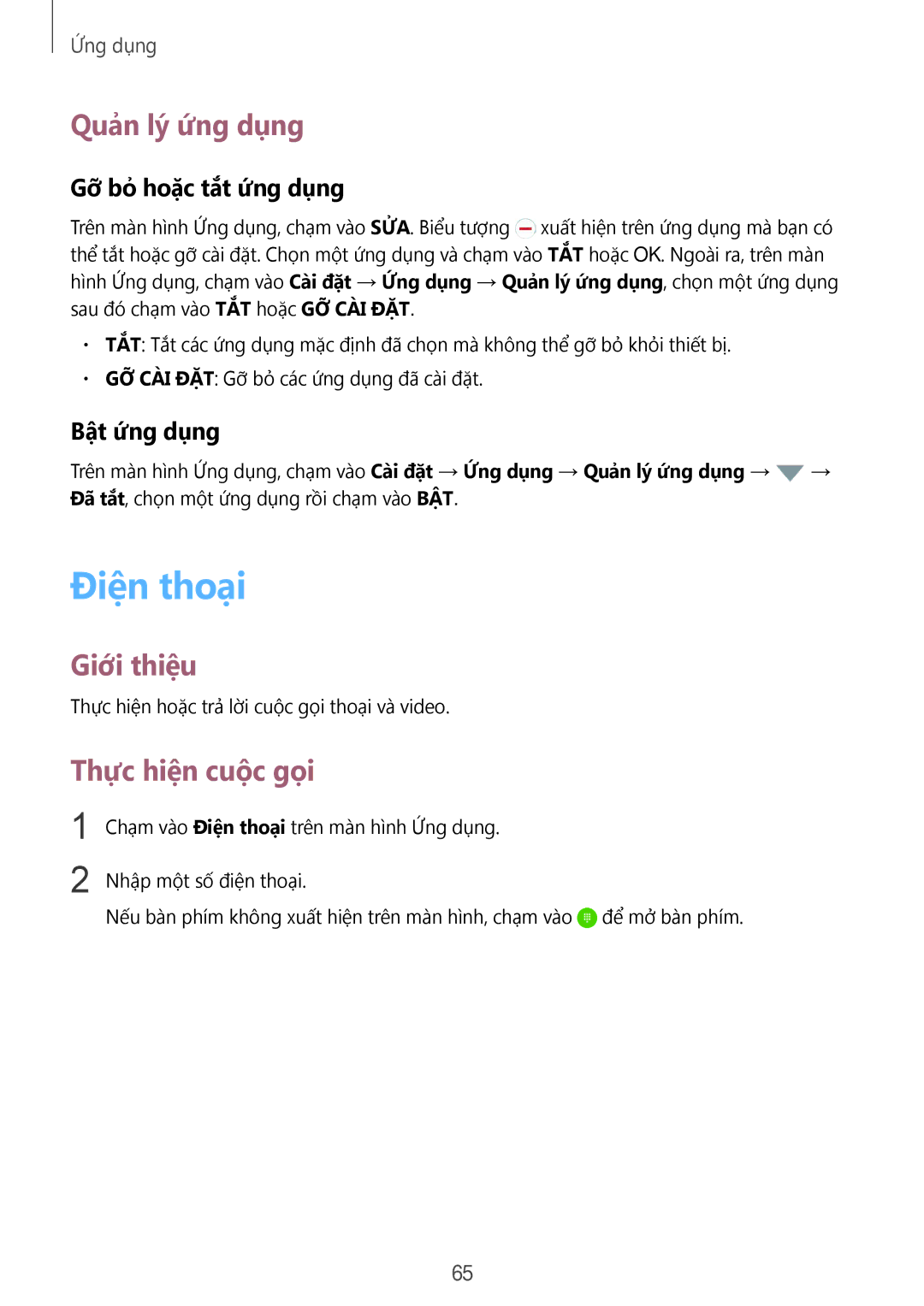 Samsung SM-N920CZWAXXV manual Điên thoai, Quản lý ứng dụng, Thực hiện cuộc gọi, Gỡ bỏ hoặc tắt ứng dụng, Bật ứng dụng 