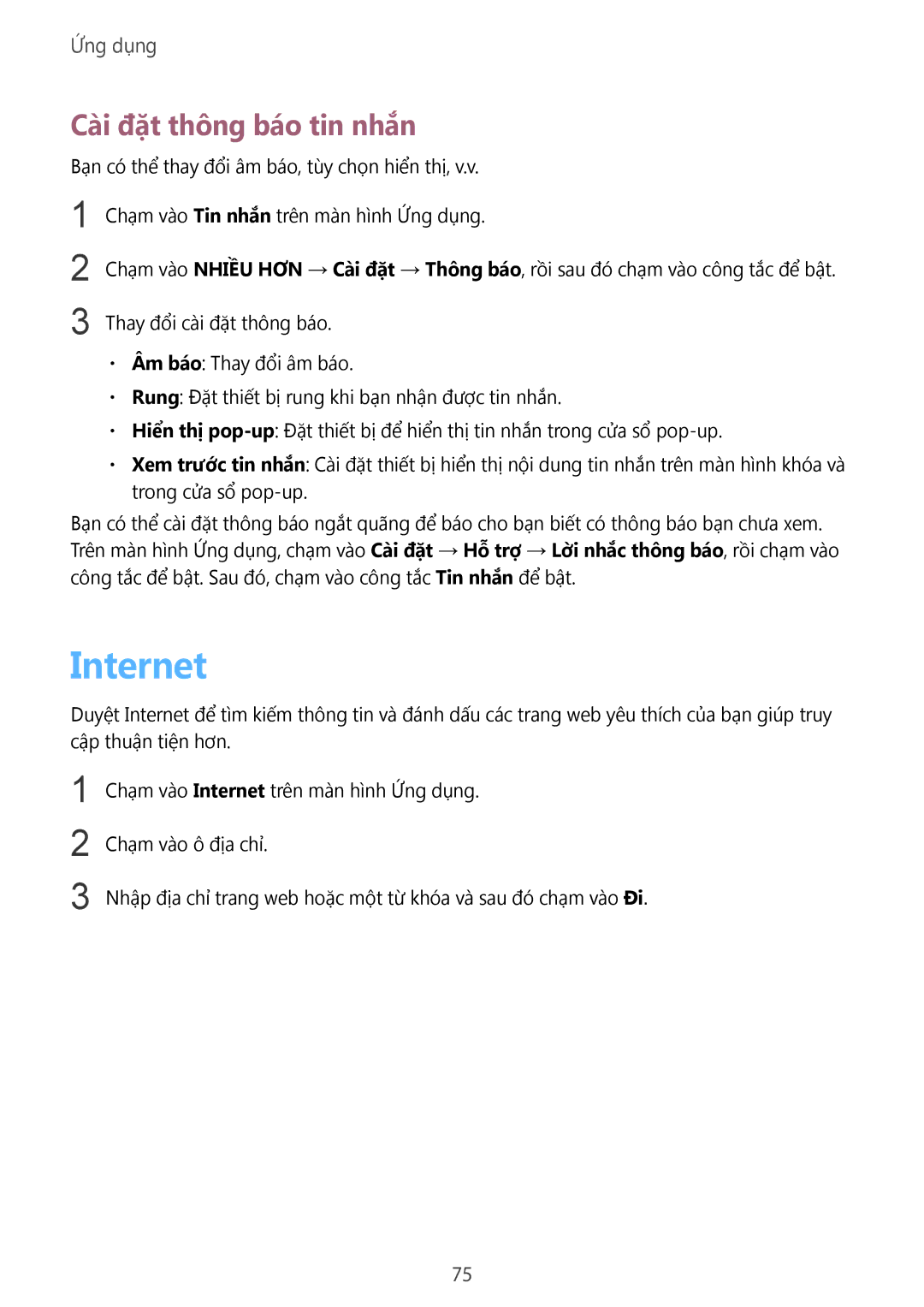 Samsung SM-N920CZWAXXV, CG-N920FZWXVTC manual Internet, Cài đặt thông báo tin nhắn 