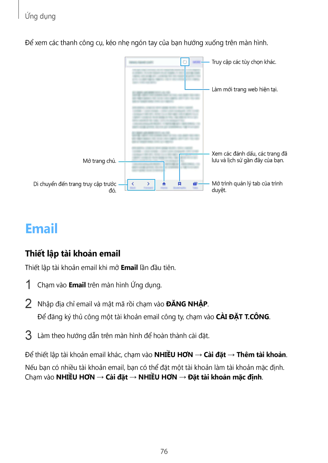 Samsung CG-N920FZWXVTC, SM-N920CZWAXXV manual Thiết lập tài khoản email, Mở trang chủ 