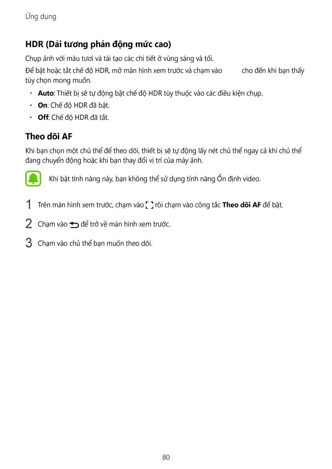 Samsung CG-N920FZWXVTC, SM-N920CZWAXXV manual HDR Dải tương phản động mức cao, Theo dõi AF 