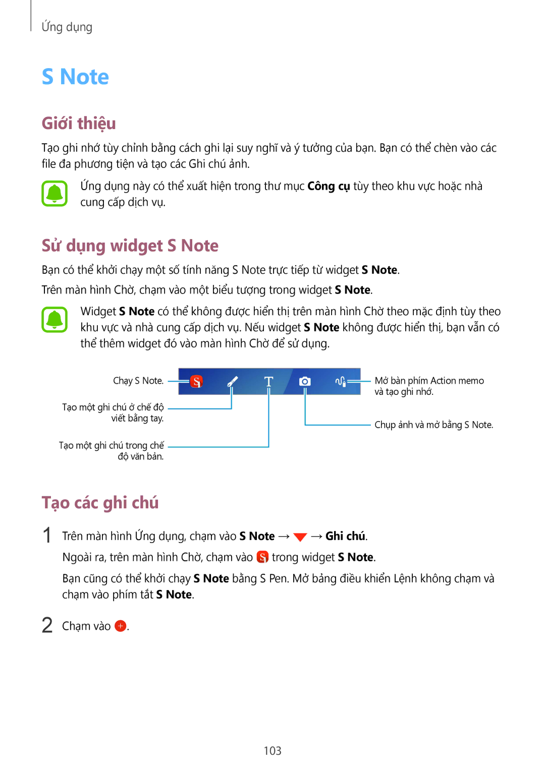 Samsung SM-N920CZWAXXV, CG-N920FZWXVTC manual Sử dụng widget S Note, Tạo các ghi chú, 103 