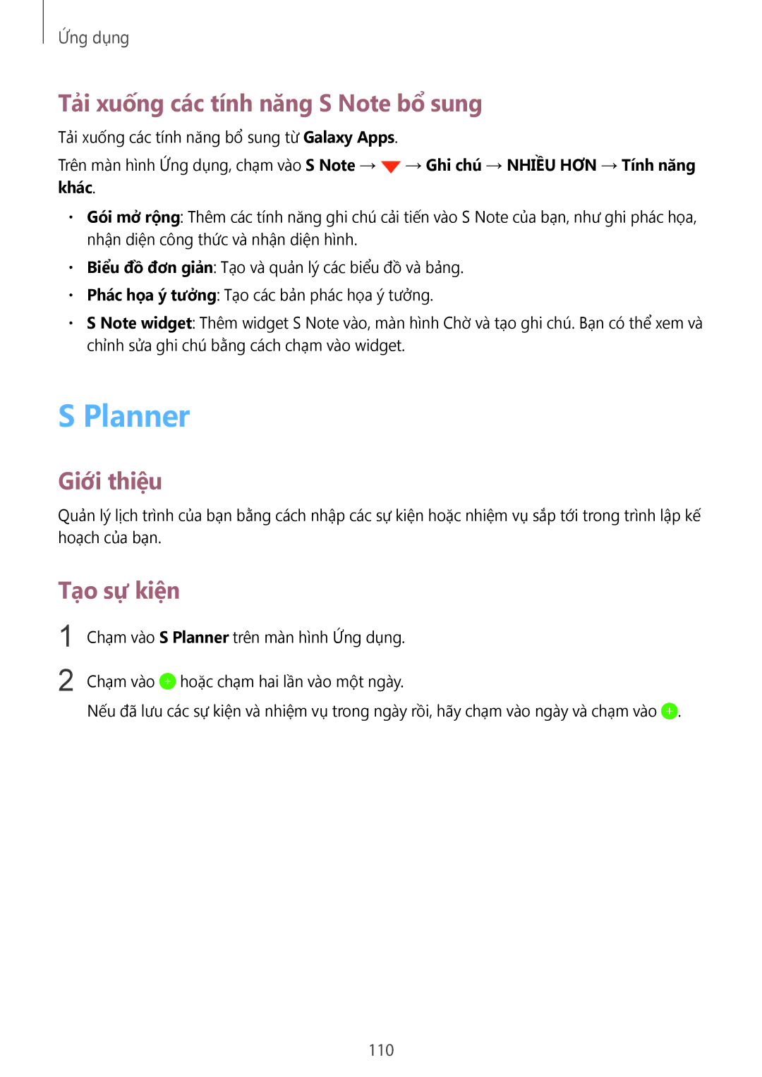 Samsung CG-N920FZWXVTC, SM-N920CZWAXXV manual Planner, Tải xuống các tính năng S Note bổ sung, Tạo sự kiện, 110 
