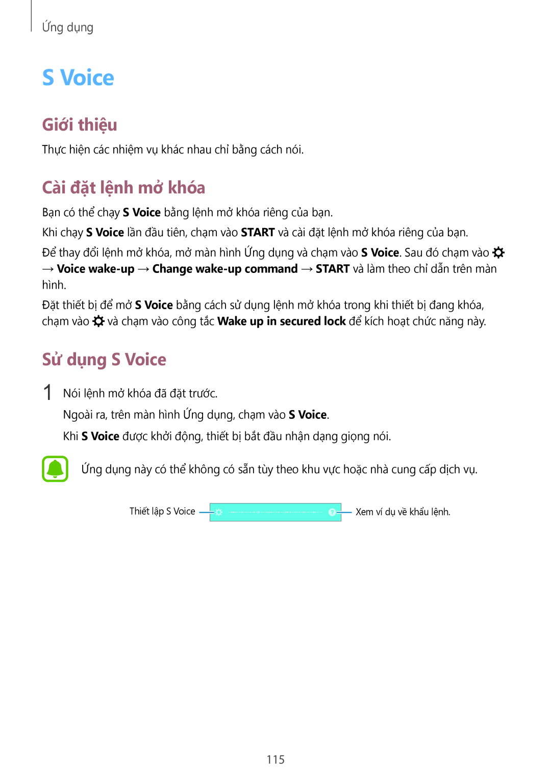 Samsung SM-N920CZWAXXV, CG-N920FZWXVTC manual Cài đặt lệnh mở khóa, Sử dụng S Voice, 115 