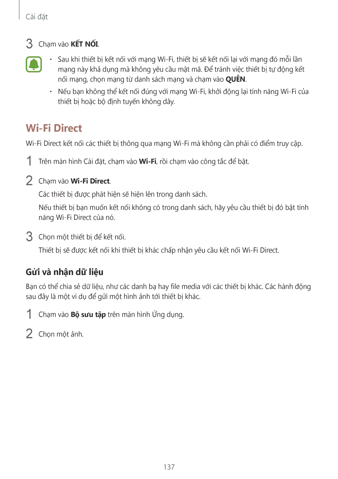 Samsung SM-N920CZWAXXV, CG-N920FZWXVTC manual Gửi và nhận dữ liệu, 137, Chạm vào Wi-Fi Direct 