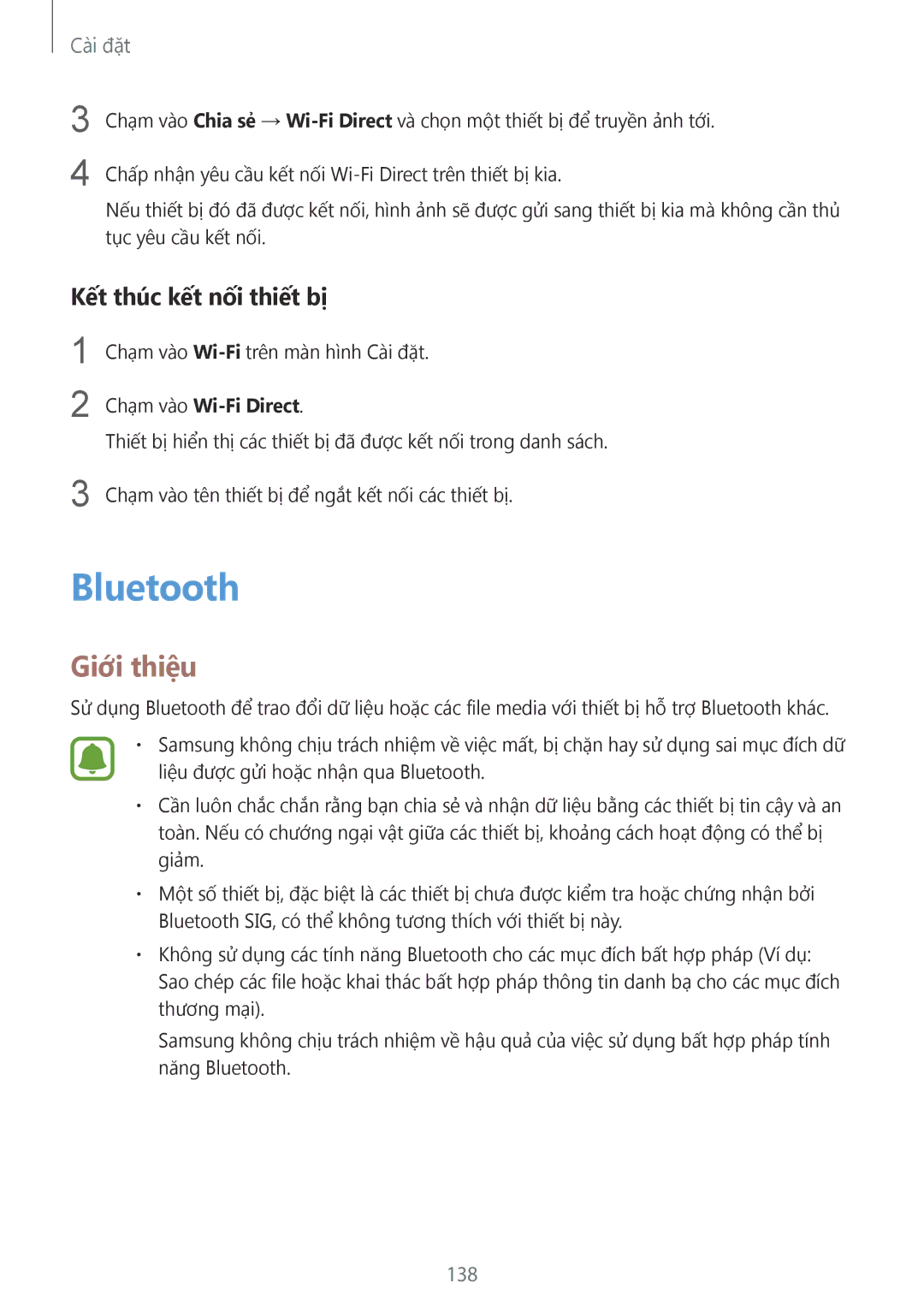 Samsung CG-N920FZWXVTC, SM-N920CZWAXXV manual Bluetooth, Kết thúc kết nối thiết bị, 138 