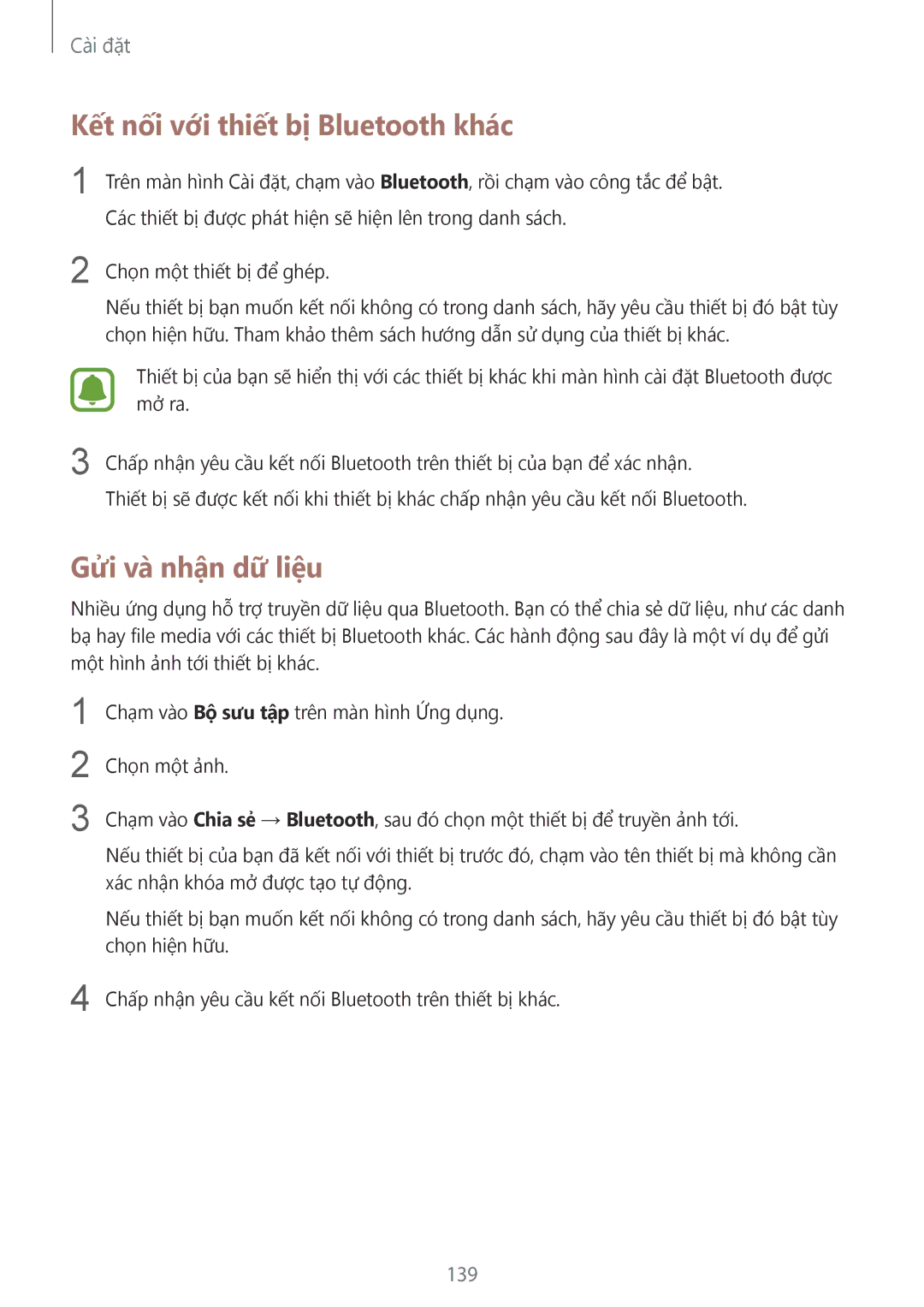 Samsung SM-N920CZWAXXV, CG-N920FZWXVTC manual Kết nối với thiết bị Bluetooth khác, Gửi và nhận dữ liệu, 139 