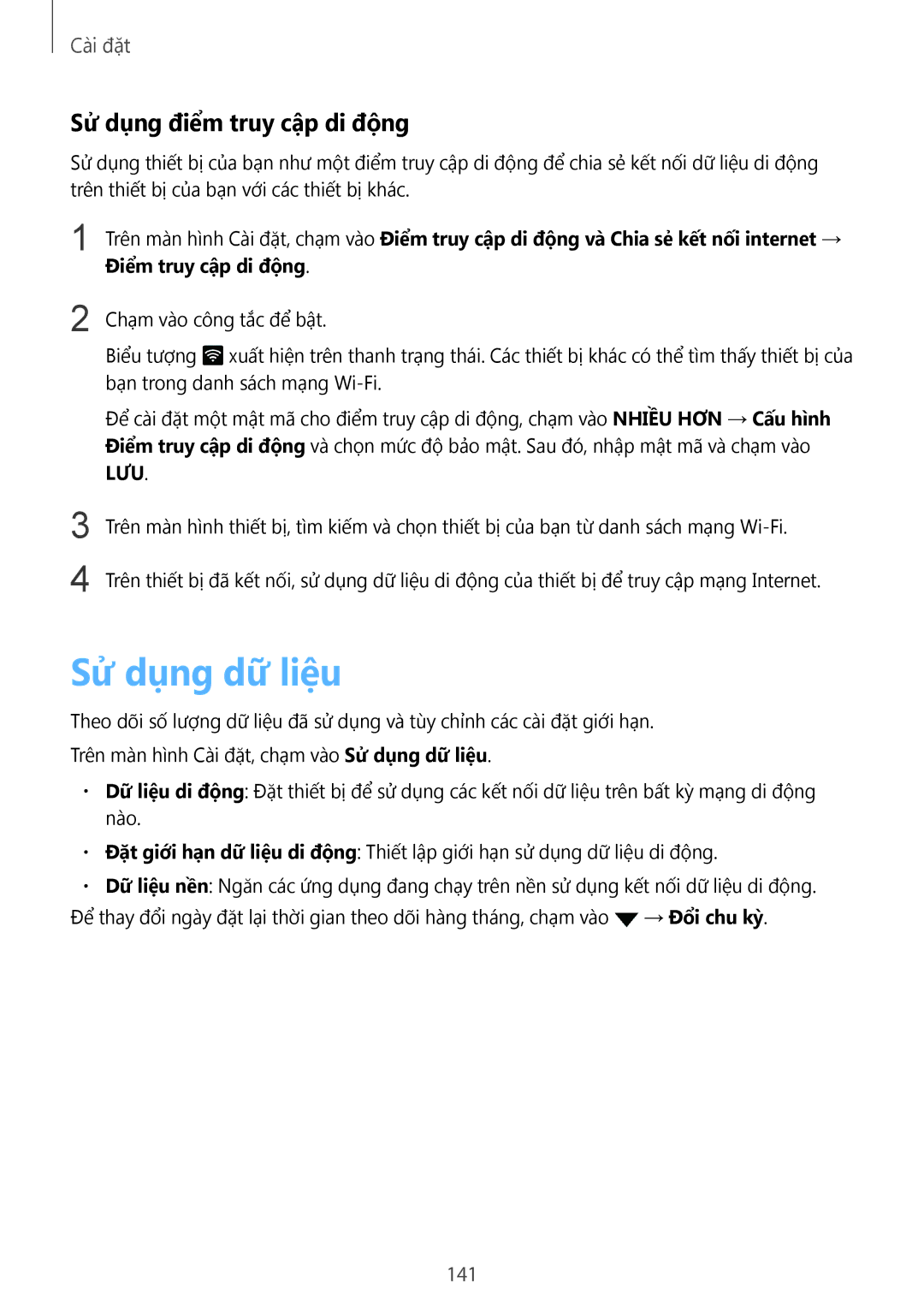 Samsung SM-N920CZWAXXV, CG-N920FZWXVTC manual Sử dụng dữ liệu, Sử dụng điểm truy cập di động, 141, Điểm truy cập di động 