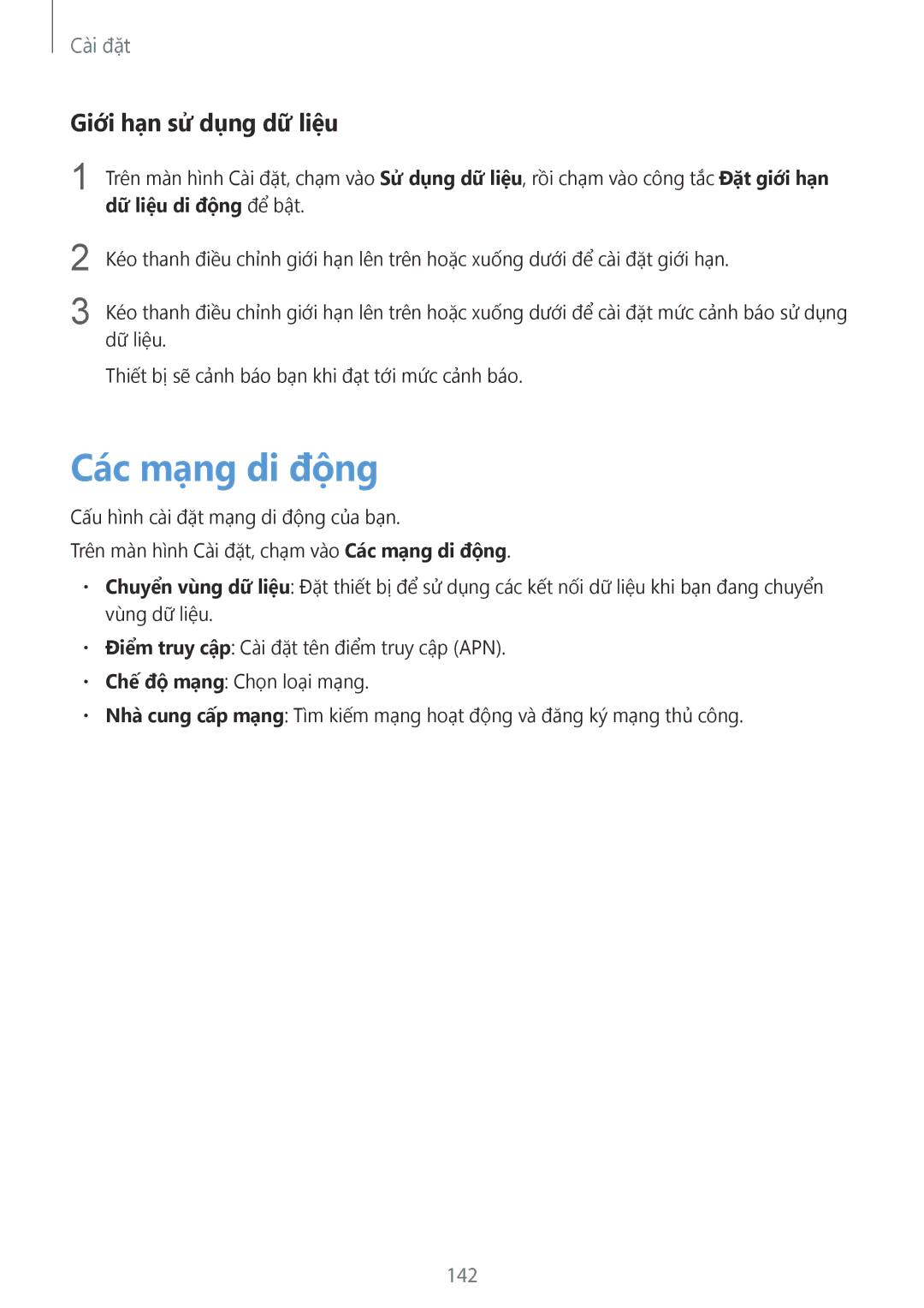 Samsung CG-N920FZWXVTC, SM-N920CZWAXXV manual Các mạng di động, Giới hạn sử dụng dữ liệu, 142 
