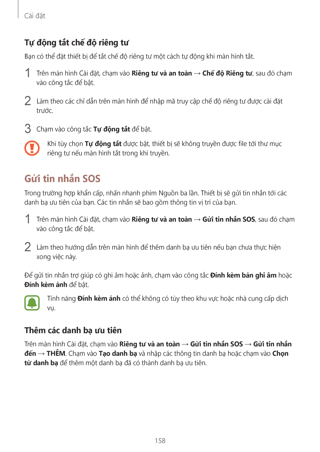 Samsung CG-N920FZWXVTC, SM-N920CZWAXXV manual Gửi tin nhắn SOS, Tự động tắt chế độ riêng tư, Thêm các danh bạ ưu tiên, 158 
