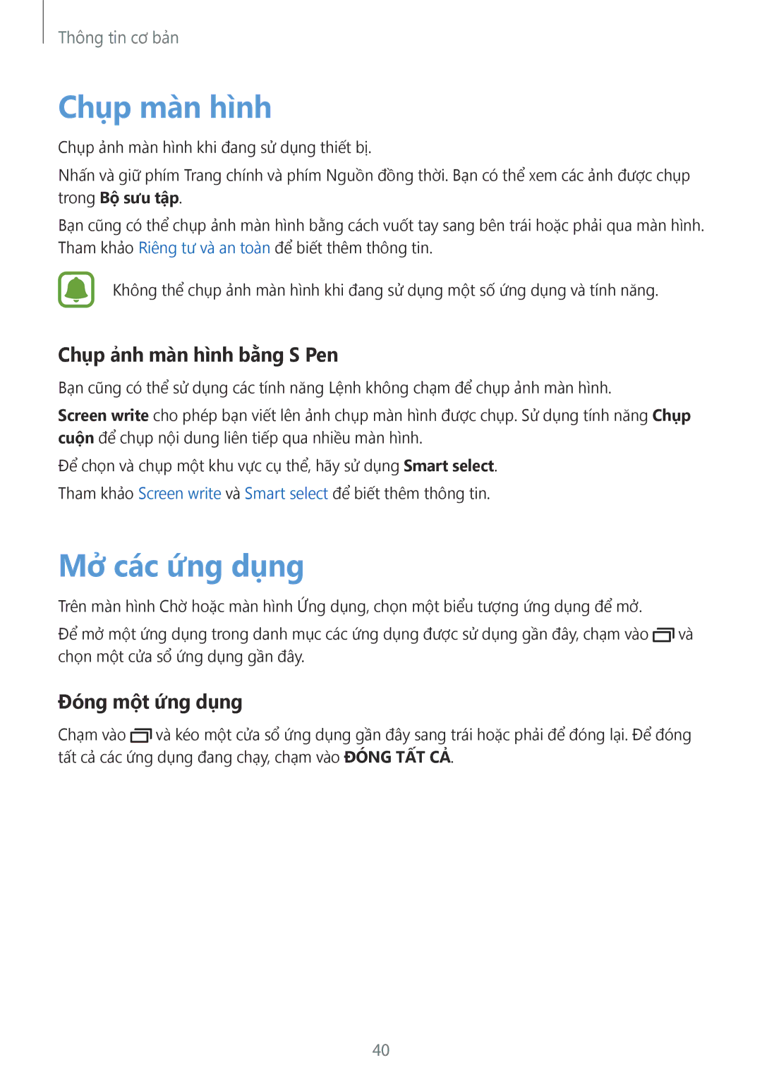 Samsung CG-N920FZWXVTC, SM-N920CZWAXXV Chụp màn hình, Mở các ứng dụng, Chụp ảnh màn hình bằng S Pen, Đóng một ứng dụng 