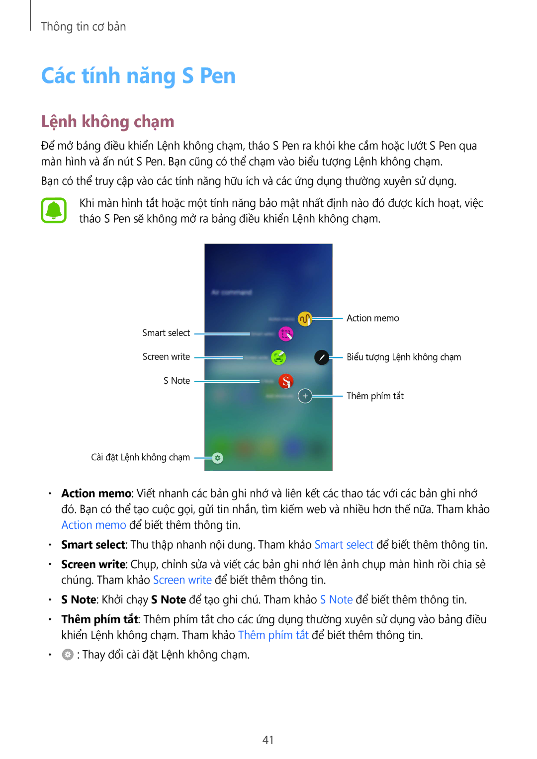 Samsung SM-N920CZWAXXV, CG-N920FZWXVTC manual Các tính năng S Pen, Lệnh không chạm 