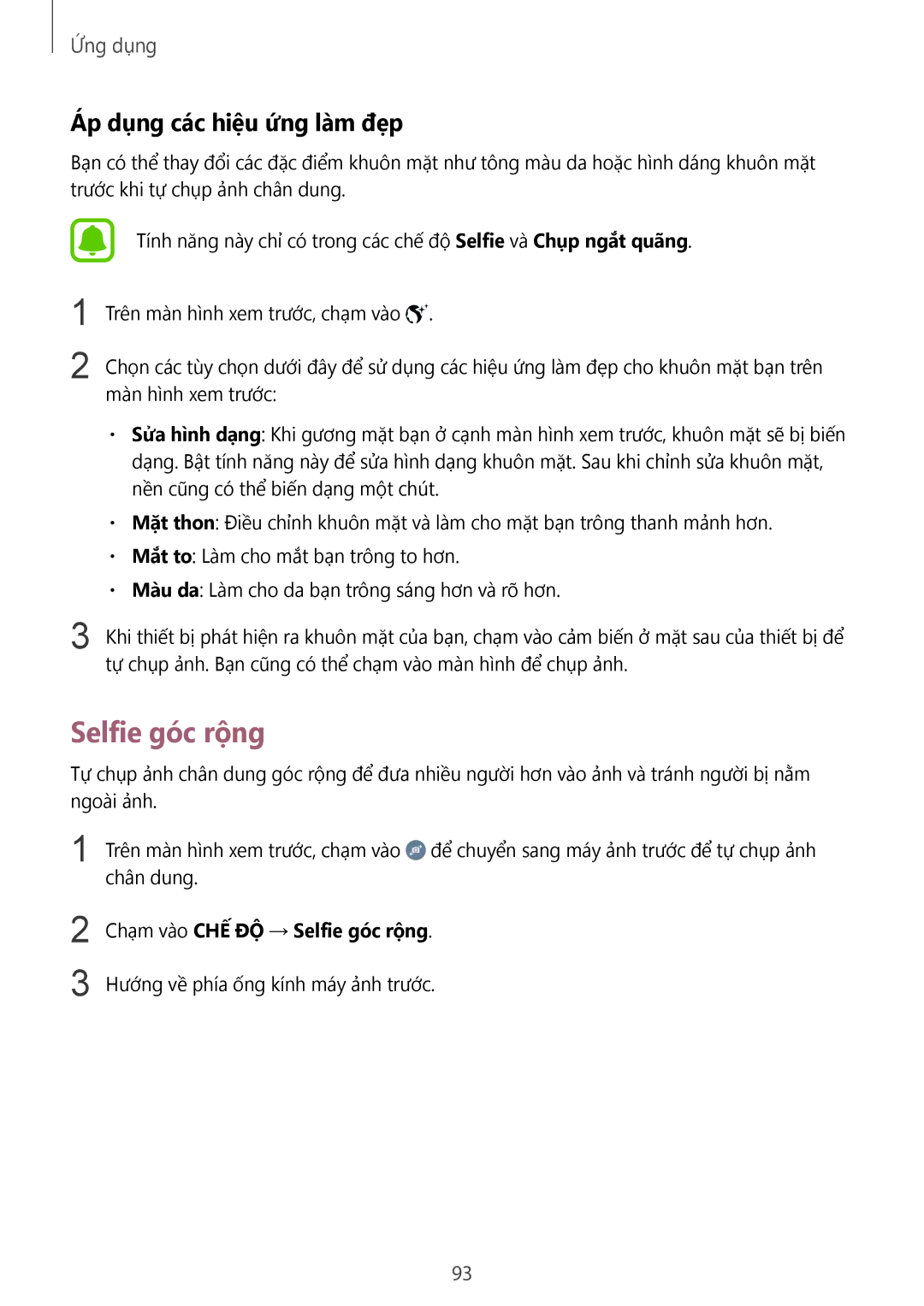 Samsung SM-N920CZWAXXV, CG-N920FZWXVTC manual Áp dụng các hiệu ứng làm đẹp, Chạm vào CHẾ ĐỘ → Selfie góc rộng 
