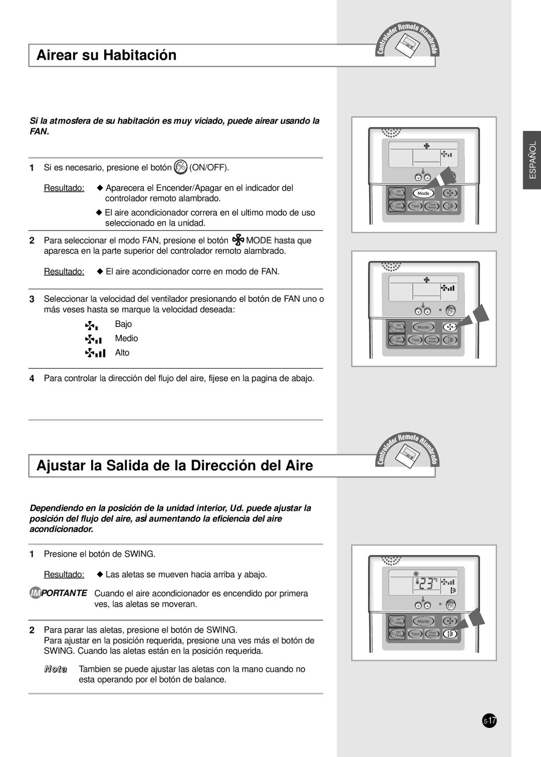 Samsung UBH4400G, CH36CAX, CH36ZAX, CH44CAX, CH24CAX, CH18CAX Airear su Habitación, Ajustar la Salida de la Dirección del Aire 