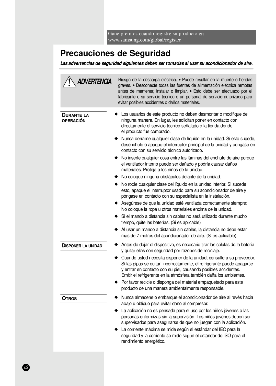 Samsung CH44CAX, CH36CAX, CH36ZAX, CH24CAX, CH18CAX, CH24ZAX, CH44ZAX, UBH3600G, UBH4400G Precauciones de Seguridad 